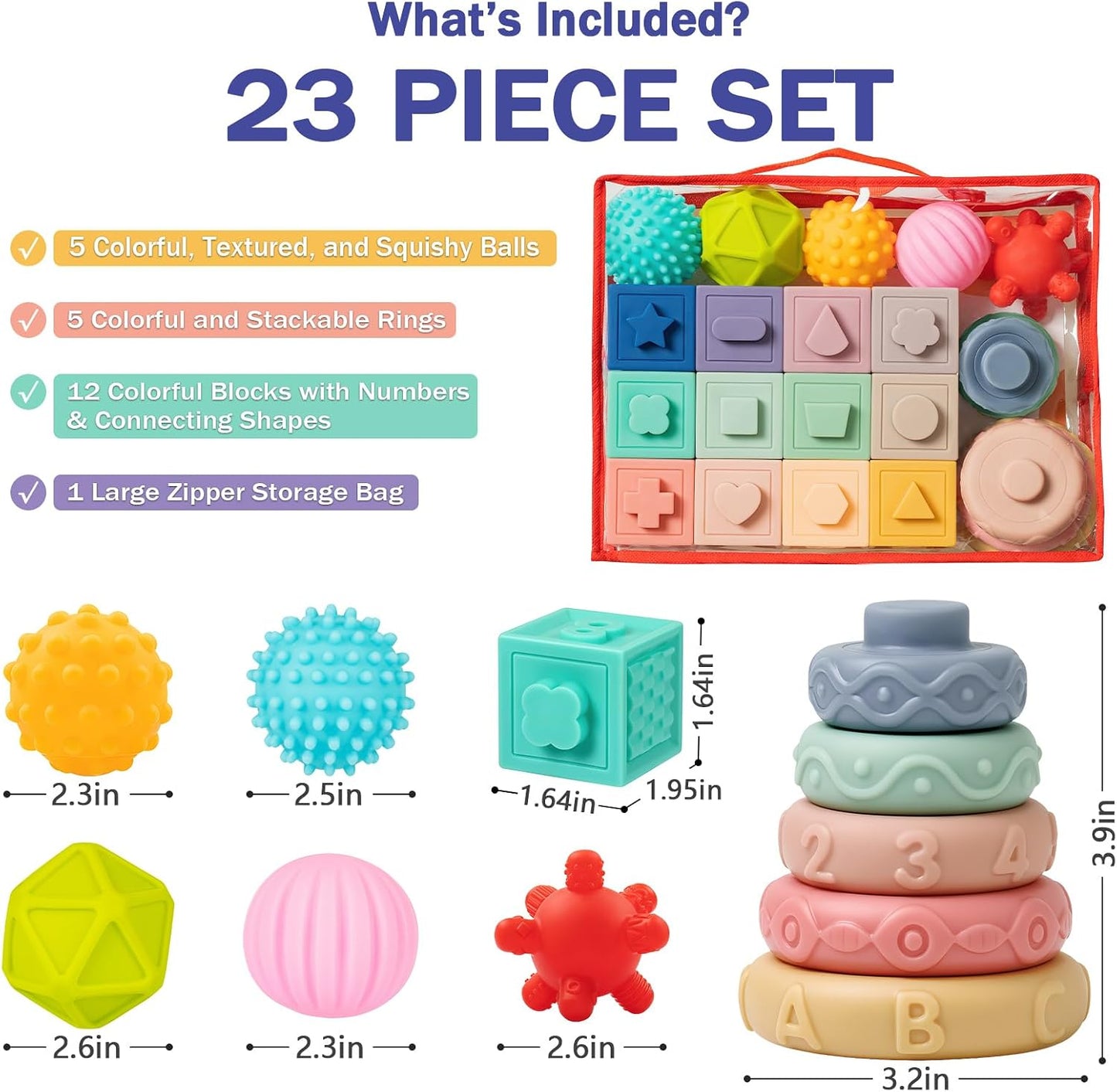 HotJyusmile Baby Toys 6-12 Months, Montessori Toy for Babies 6-12 Months, Incl Stacking Building Blocks & Soft Infant Teething Toys & Sensory Balls for Toddlers 0-3-6-9-12 Month