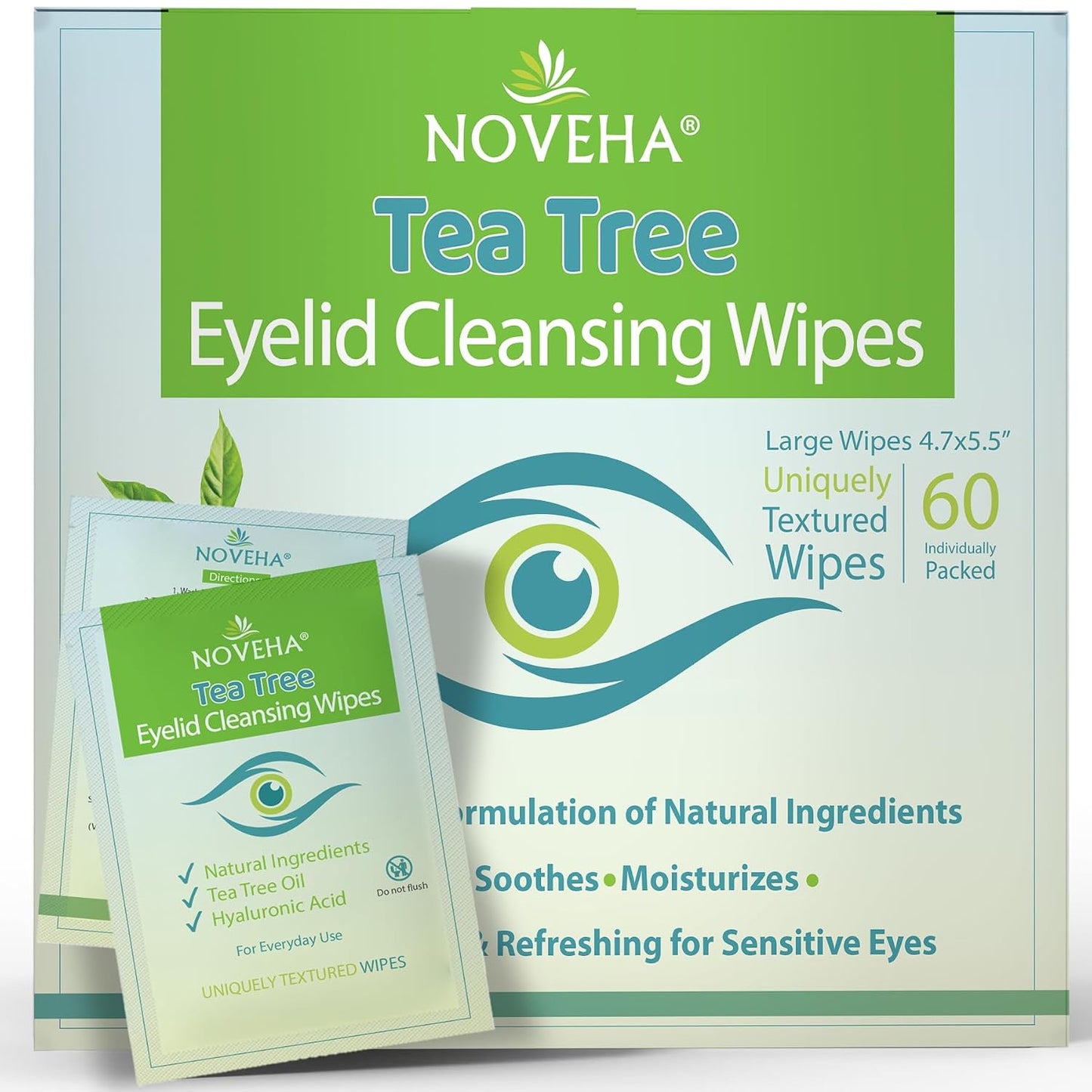 HotNOVEHA 60PCs Tea Tree Oil Eyelid & Lash Wipes | With Hyaluronic Acid, Green Tea & Chamomile For Blepharitis, Itchy & Stye Eyes, Individually Wrapped, Natural Eyelash Makeup Remover & Daily Cleanser
