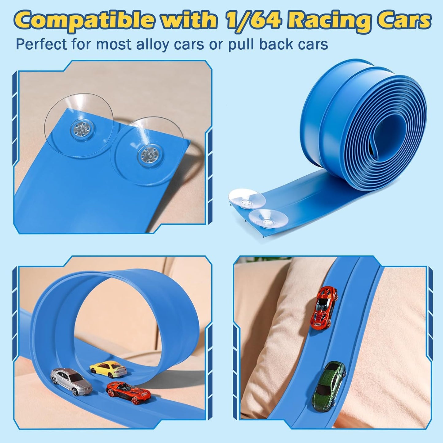 Hot Flex Tracks 15 Ft Starter Set Flexible Race Track for Kids 3+, Flexible Car Track Race Car Ramp Track Compatible with Diecast 1/64th Cars, Portable Rolls Up Race Tracks with Strong Suction Cups