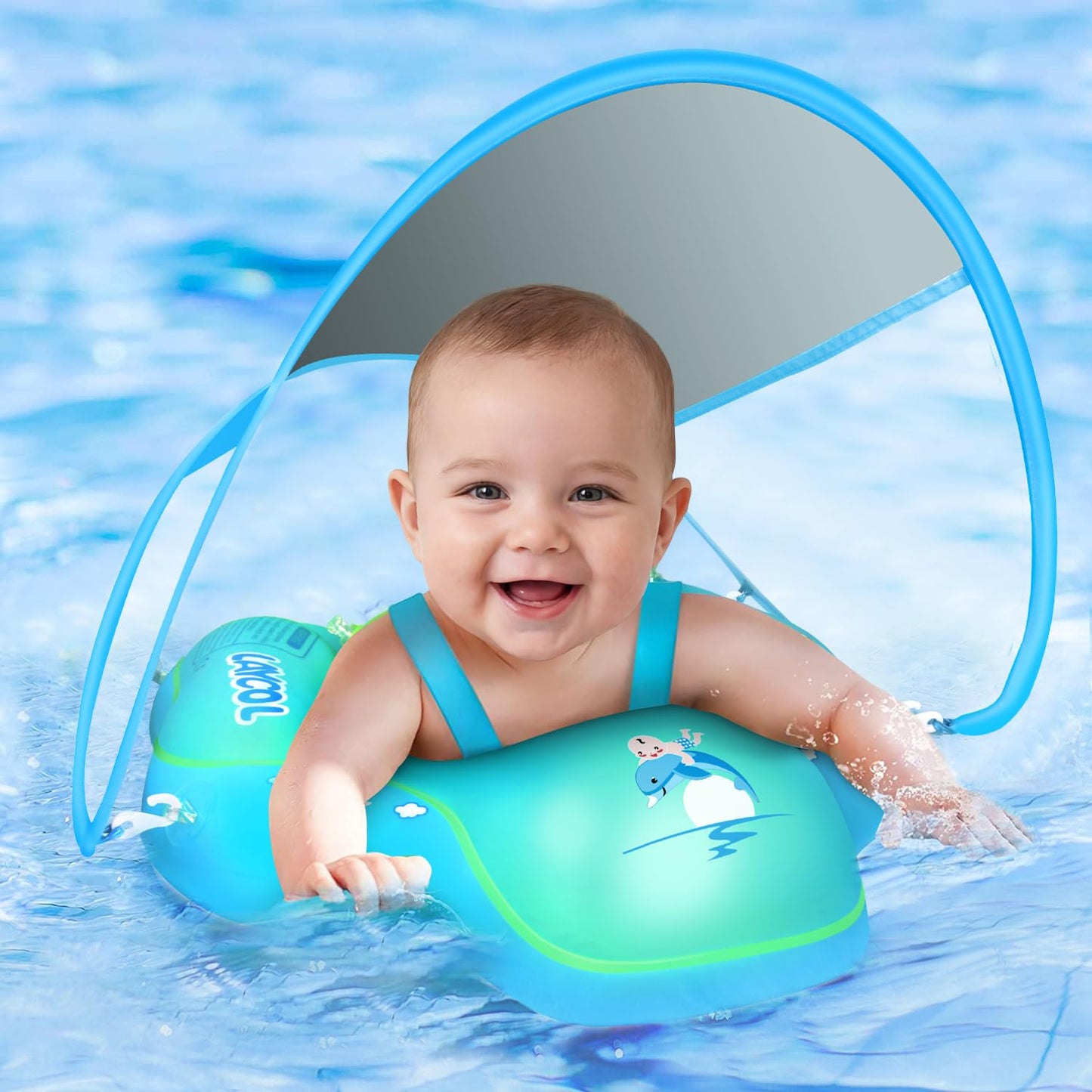 HotBaby Pool Float with Canopy UPF50+ Sun Protection, no flip Over Inflatable Baby Float for Baby 3-36 Months, Skin Protect Toddler floaties for Boys and Girls
