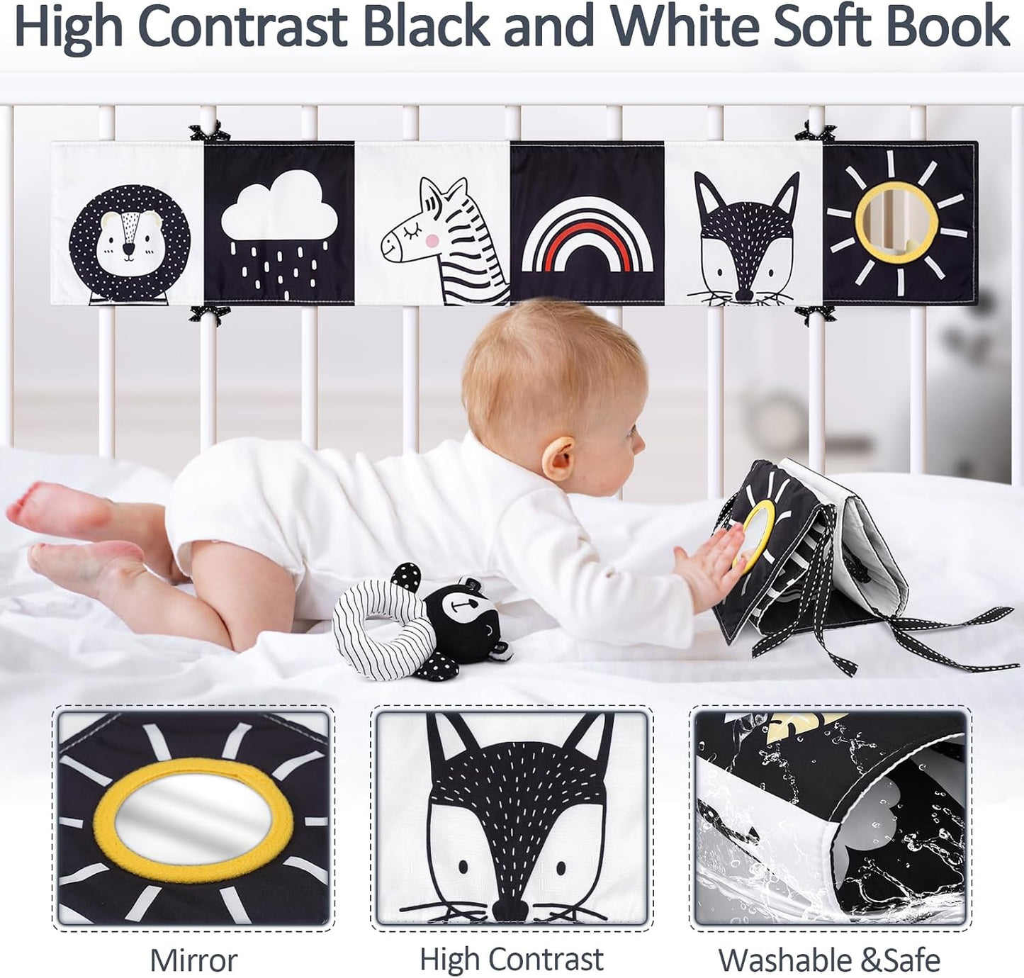 Hot Joyreal High Contrast Baby Toys for Newborn, Black and White Baby Sensory Toys with Car Seat Toys,Infant Toys with Black White Cards Book, Montessori Toys for Baby Gifts