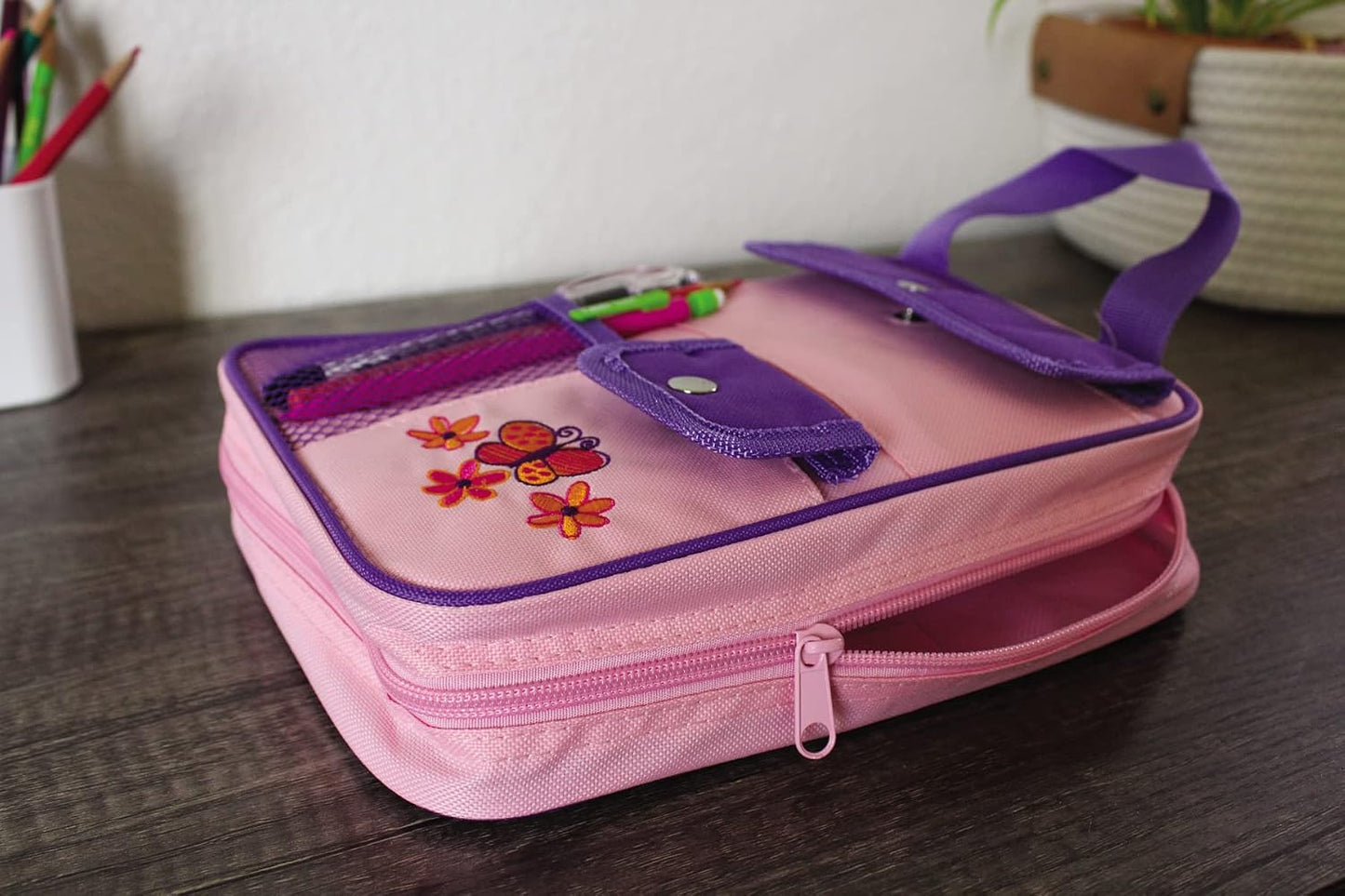 Hot Butterfly Bible Cover for Girls, Bible Organizer, Zippered, with Handle, Canvas, Pink/Purple, Medium