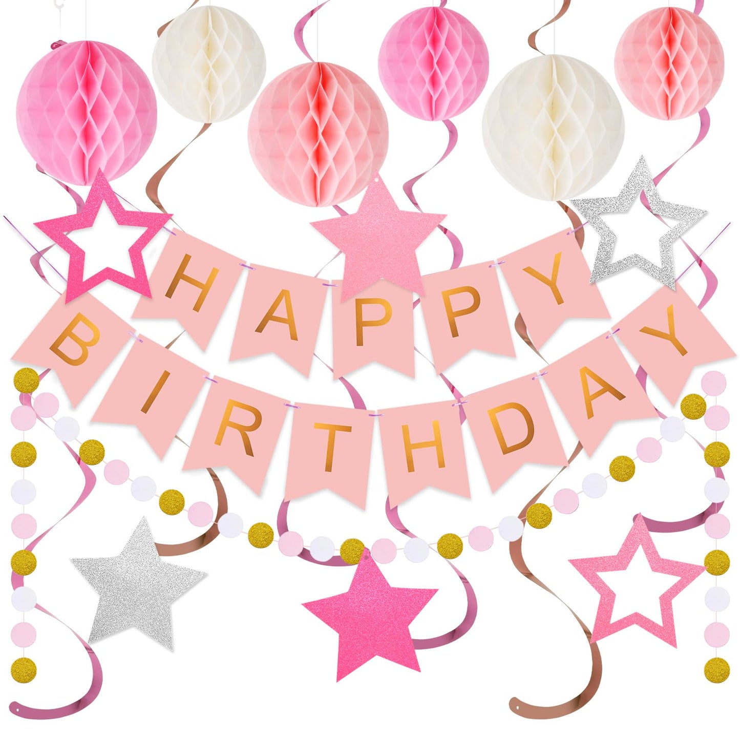 Hotmeowtastic Birthday Decorations Happy Birthday Banner with Honeycomb Balls | 16pcs Birthday Set: 1 Banner+6 Honeycomb Balls+8 Star Spirals+1 Circle Dots, Happy Birthday Decor - Blue