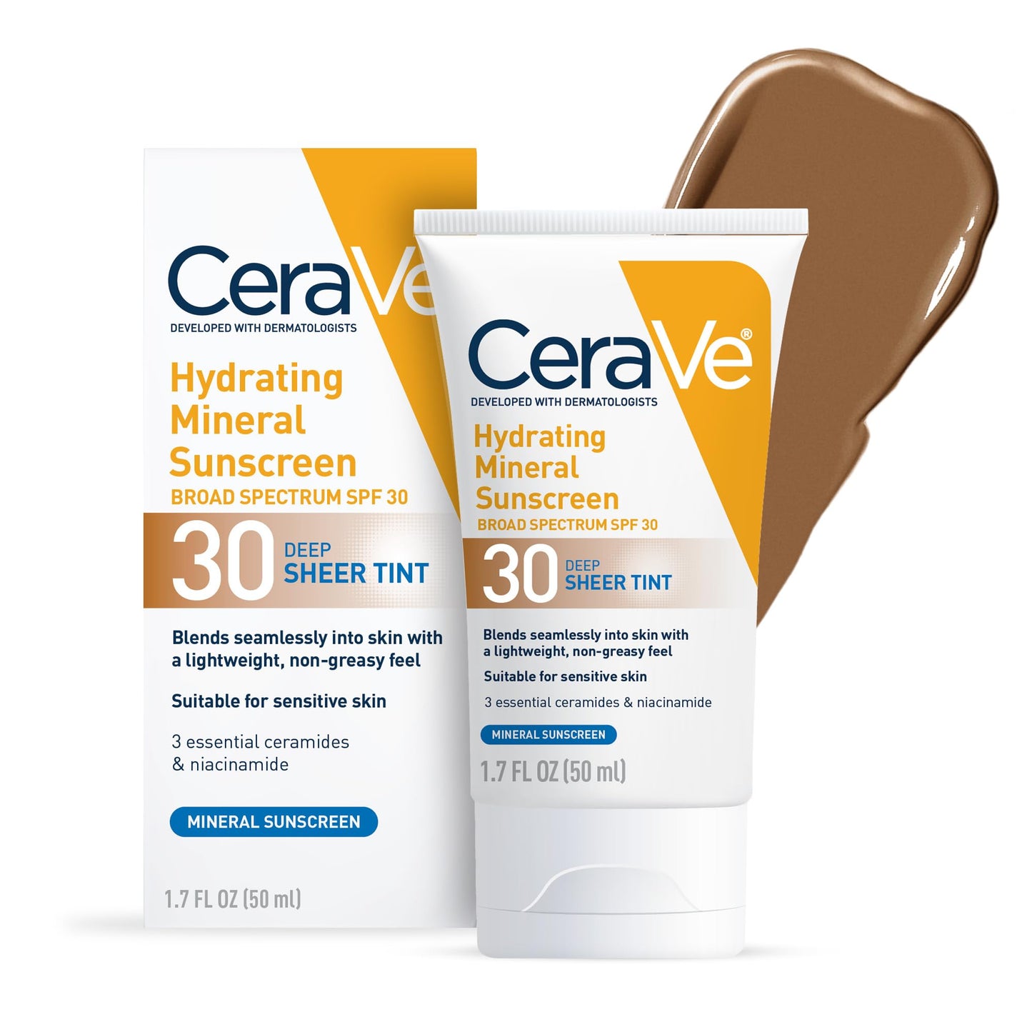 HotCeraVe Hydrating Mineral Sunscreen SPF 30 with Sheer Tint, Tinted Mineral Sunscreen with Zinc Oxide & Titanium Dioxide, Blends Seamlessly For Healthy Glow, Light, 1.7 Oz