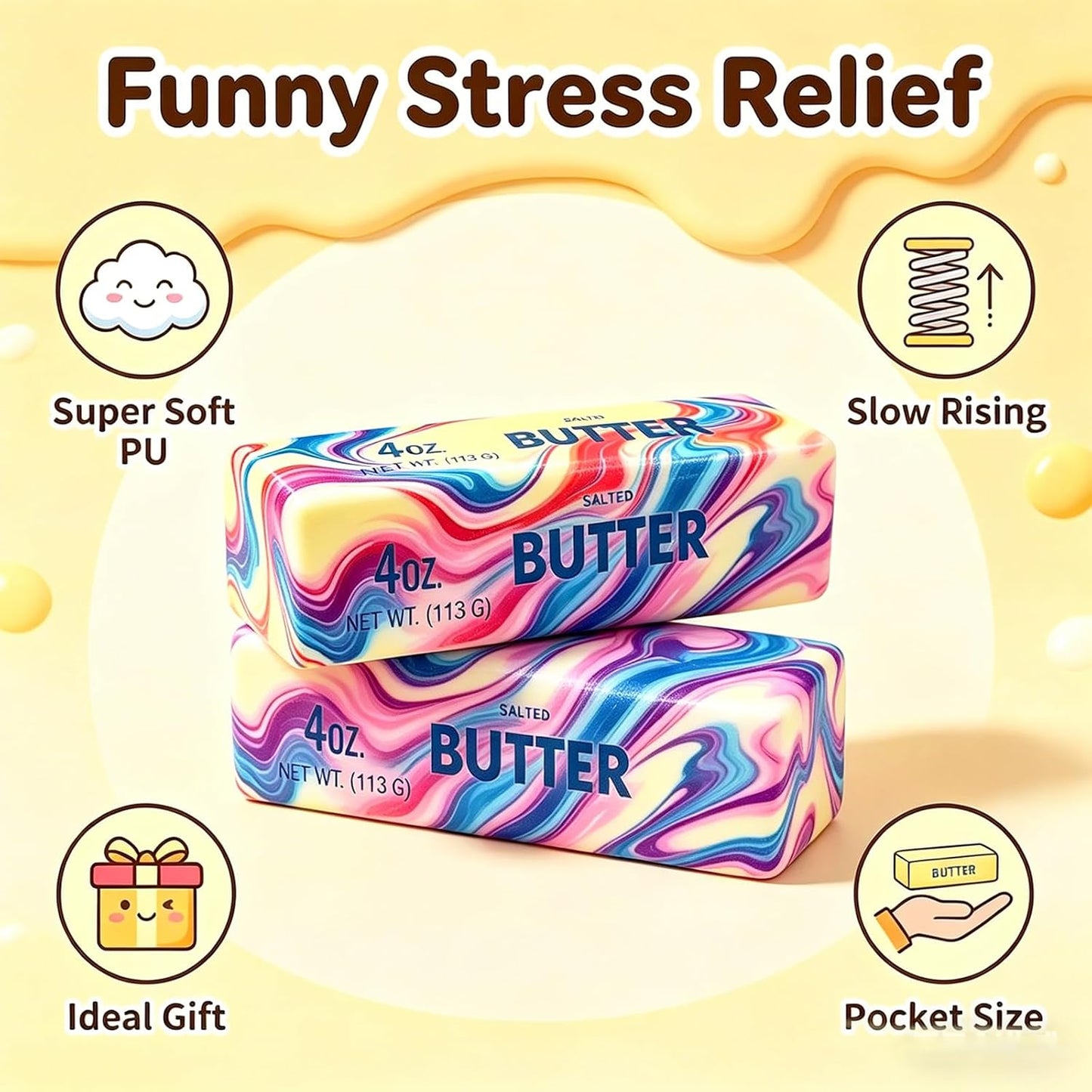 Hot2 Packs Slow Rising Butter Squishy, Squishies Butter Squeeze Toys Pack Sensory Stress Relief Soft & Stretchy Fidget Toy for Party Favors Squishy Butter