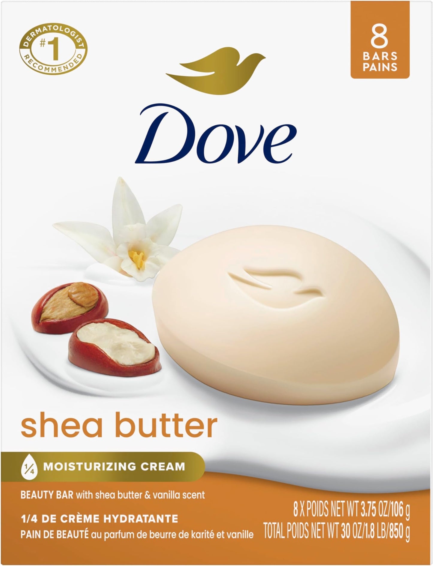 HotDove Shea Butter Beauty Bar Soap 8 Count, Nourishing Cleanser, 3.75 oz I Moisturizing beauty bar with ¼ moisturizing cream and shea butter for soft, radiant skin