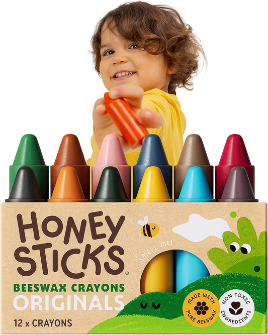 HotHoneysticks 100% Pure Beeswax Crayons (12 Pack) - Non Toxic Crayons for Toddlers 1-3, Safe for Baby from 1 Year Old Plus, Handmade with Natural Beeswax and Food-Grade Colors, Eco Friendly