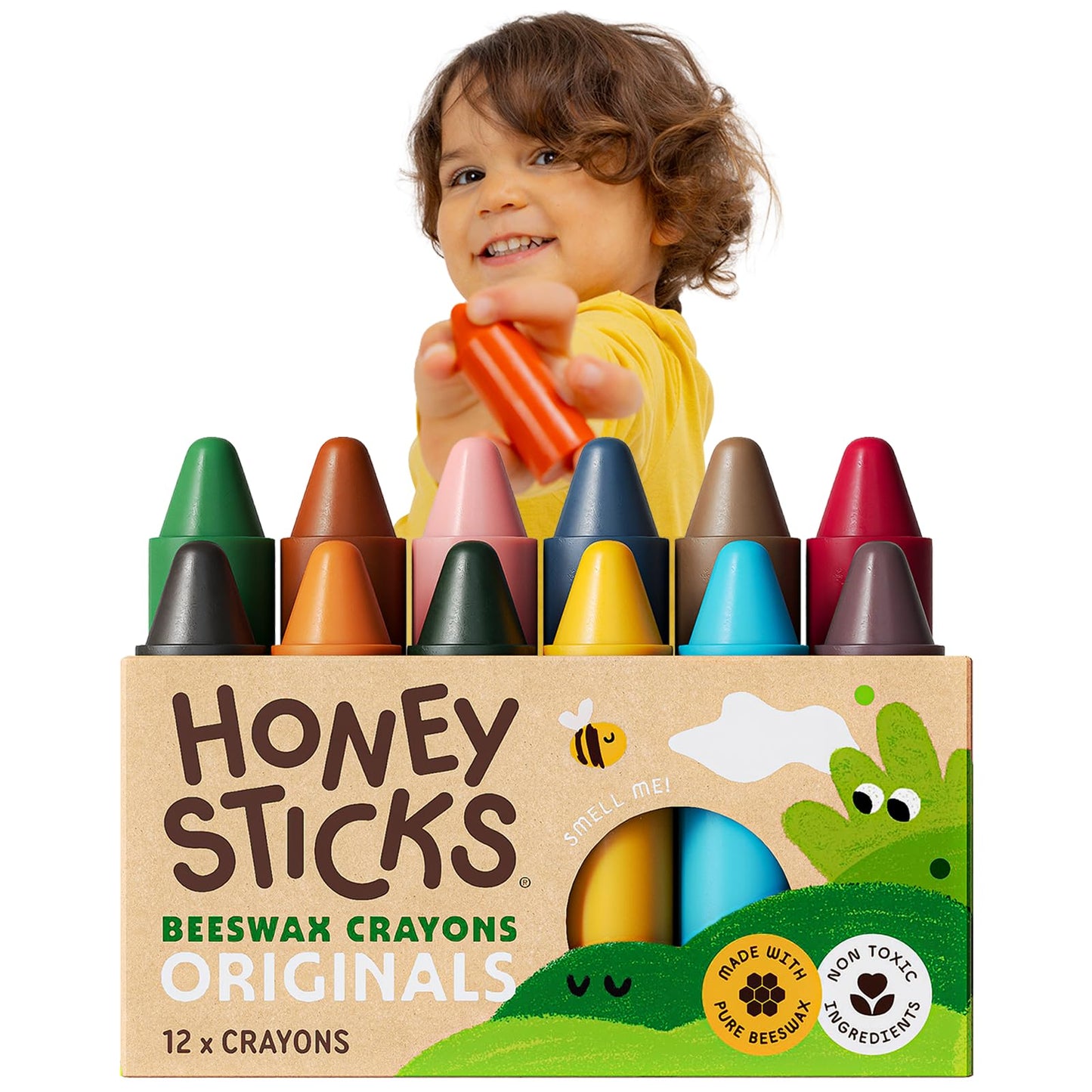 HotHoneysticks 100% Pure Beeswax Crayons (12 Pack) - Non Toxic Crayons for Toddlers 1-3, Safe for Baby from 1 Year Old Plus, Handmade with Natural Beeswax and Food-Grade Colors, Eco Friendly