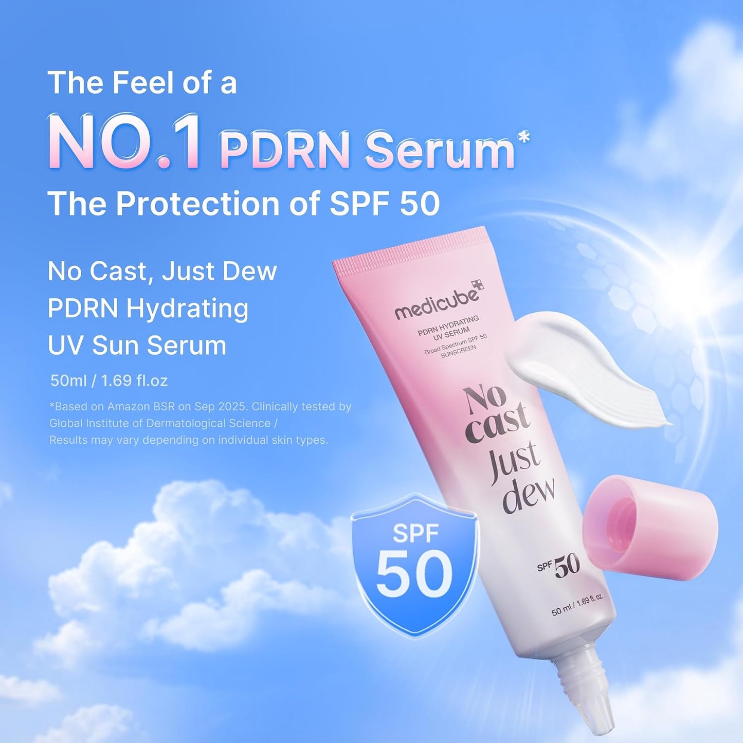 Hotmedicube Sunscreen No Cast Just Dew PDRN Hydrating UV Sun Serum, SPF 50 | SPF 50 Fast-Absorbing Sunscreen with PDRN, Panthenol & Centella - Lightweight Hydration & Cooling, Korean Skincare