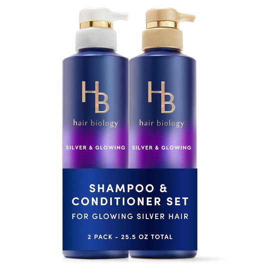 HotHair Biology Biotin-Infused Purple Shampoo and Conditioner Set for Grey Hair, Anti-Brassiness, Moisturizing, Color-Safe, Silver & Glowing, Corrects Yellow Tones, 12.8 Fl Oz Each, 2 Pack