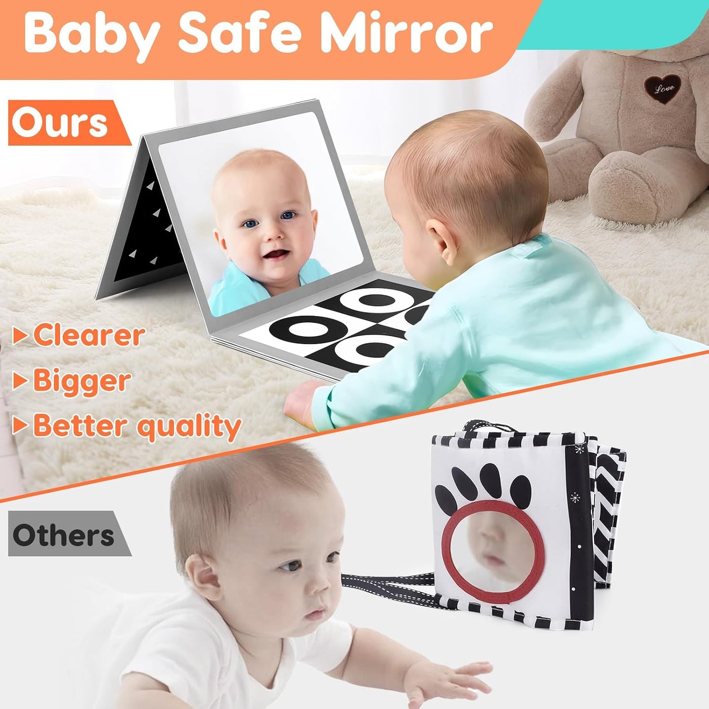 Hot Black and White High Contrast Baby Books Flash Cards Tummy Time Mirror Toys Newborn Toys 0 6 Months Brain Development Infant Stimulating Sensory Toy 0-3 3-6 2 4 5 Month Old Essential