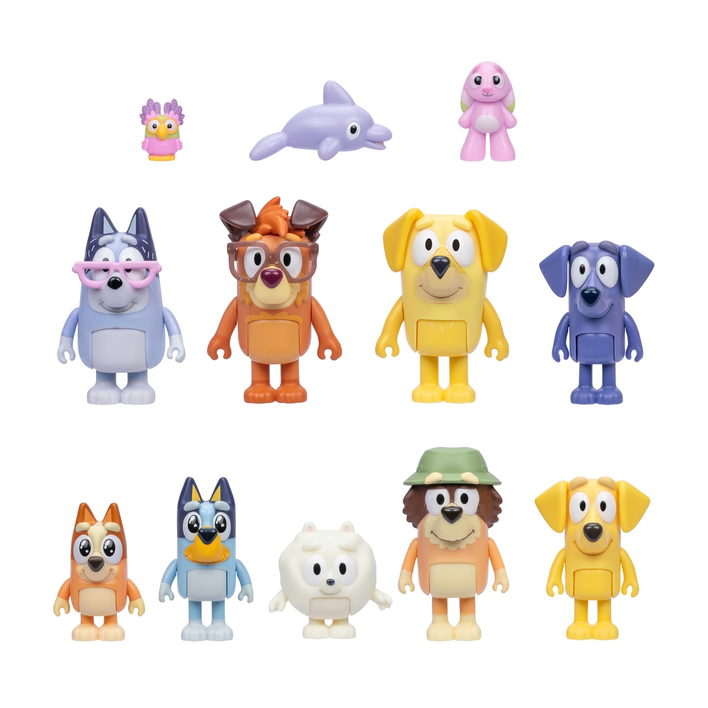 HotBluey Family Figure Pack of 4, Robust Poseable Character Toys with Bingo, Chilli, and Bandit Figures, Toddler-Sized Animal Figurines for Kids Ages 3+ | Movable arms & legs, portable size for on-the-go play; toddler figurine toys for kids ages 3+, thoug