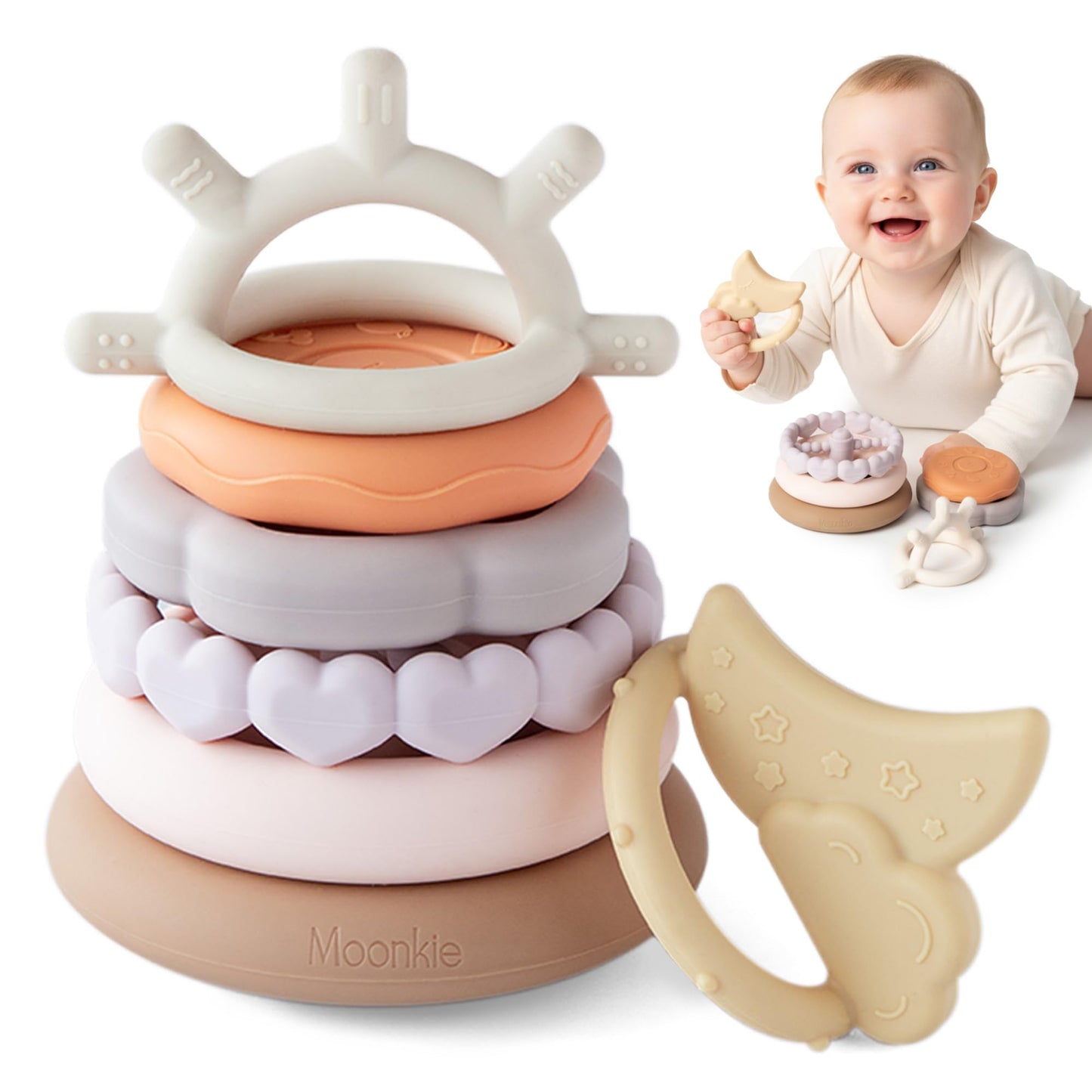 HotMoonkie Stacks of Circles Soft Teething Toy | Educational Learning Baby Toy | Stacking Ring Toys for Babies Boy and Girl | 7 Piece Teethers Set
