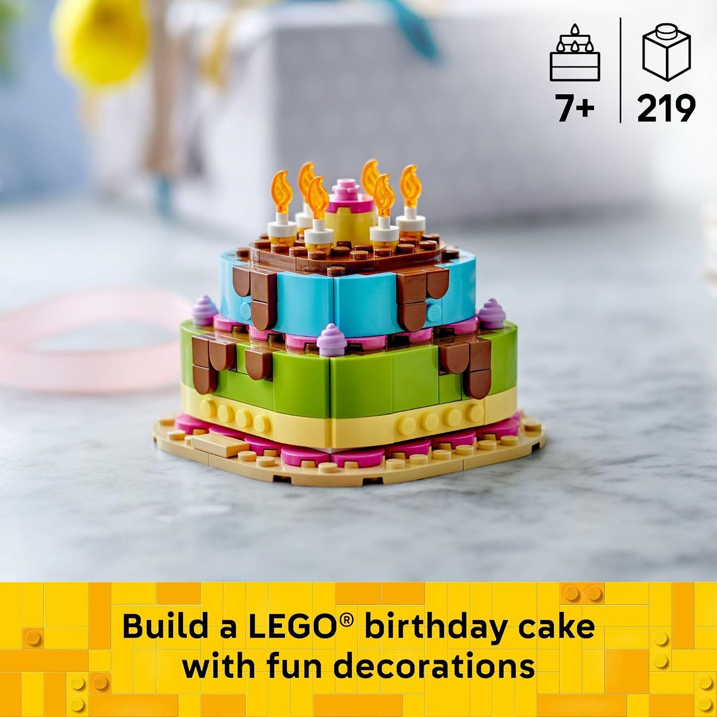 HotLEGO Birthday Party Cake - Building Toy for Boys & Girls, Ages 7+ - Birthday Decoration with 10 Candle Accessories - Craft for Kids - 40815
