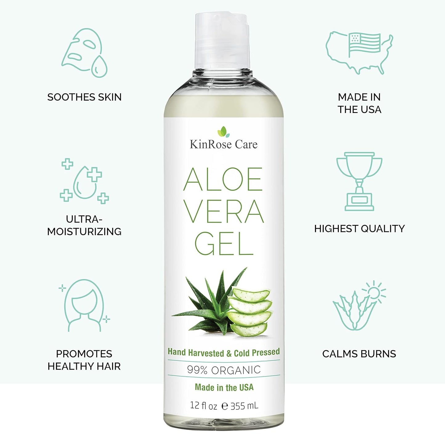 HotKinRose Care, 12oz Aloe Vera Gel for Face, Skin, Hair & Sunburn Relief - From Pure Organic Aloe Vera (99%) - Cold Pressed, Vegan, Unscented - Made in USA.
