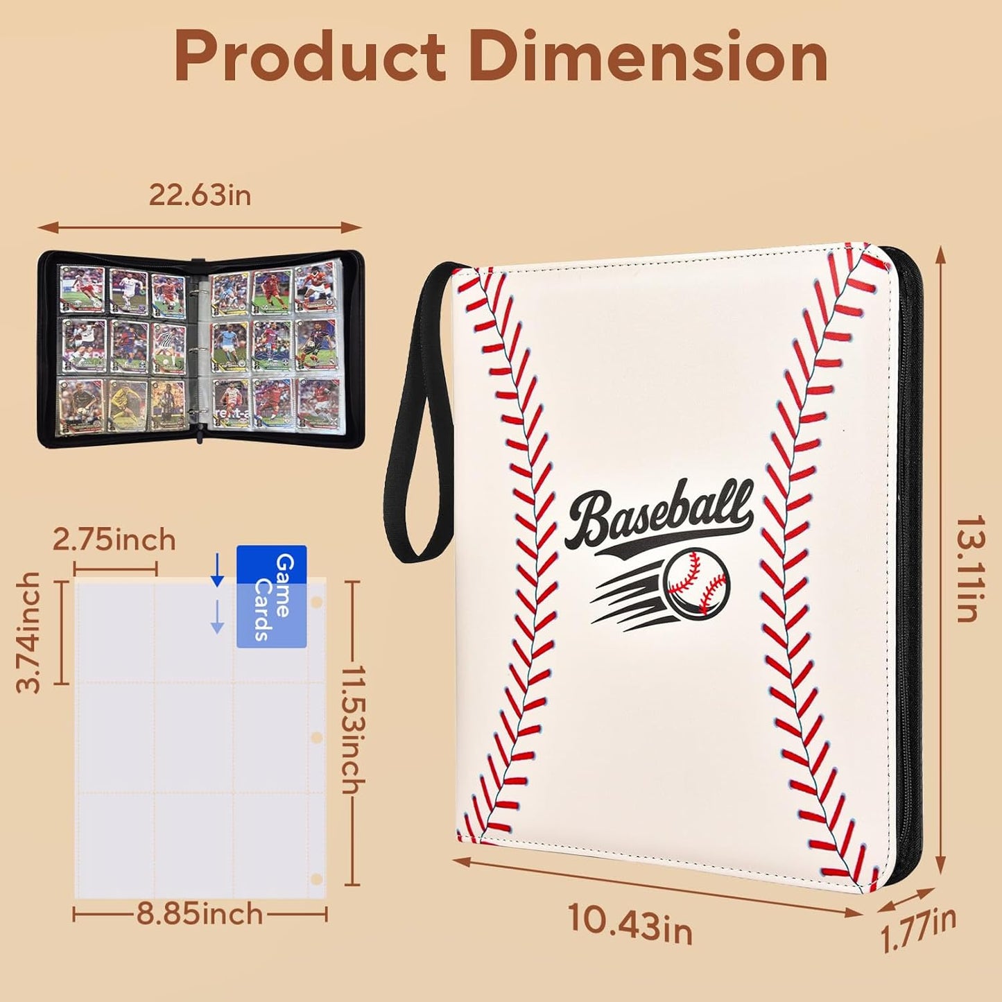 Hot Baseball Card Binder 9 Pocket, 1080 Pockets Trading Card Binder with Zipper, Portable Collector Card Album Storage Organizer for Sports Cards, Game Cards, Gifts for Kids