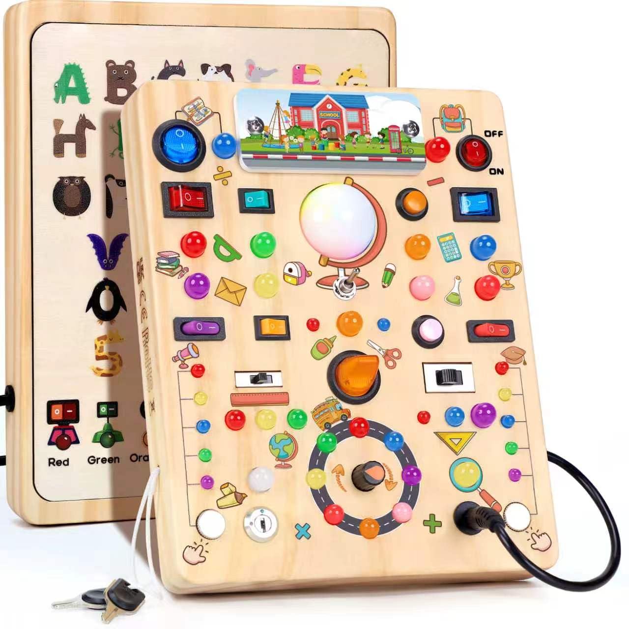 HotBusy Board with LED Light Switches, Montessori Toys for 1 2 3 Years Old, Toddlers Wooden Toy Sensory Activity Board, Travel Toys for 1+ Year Old Boy & Girl Birthday Gift