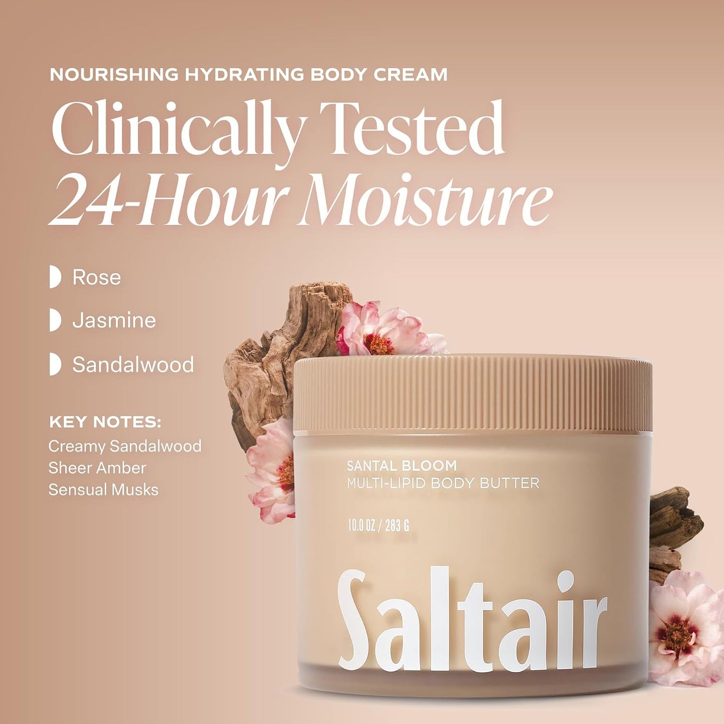 HotSaltair Multi-Lipid Body Butter - Rich, Nourishing Hydrating Body Cream with Ceramide Complex, Coconut Oil, Shea Butter, and Sea Buckthorn. Moisturizing Dry Skin Care. 10oz Jar - Santal Bloom