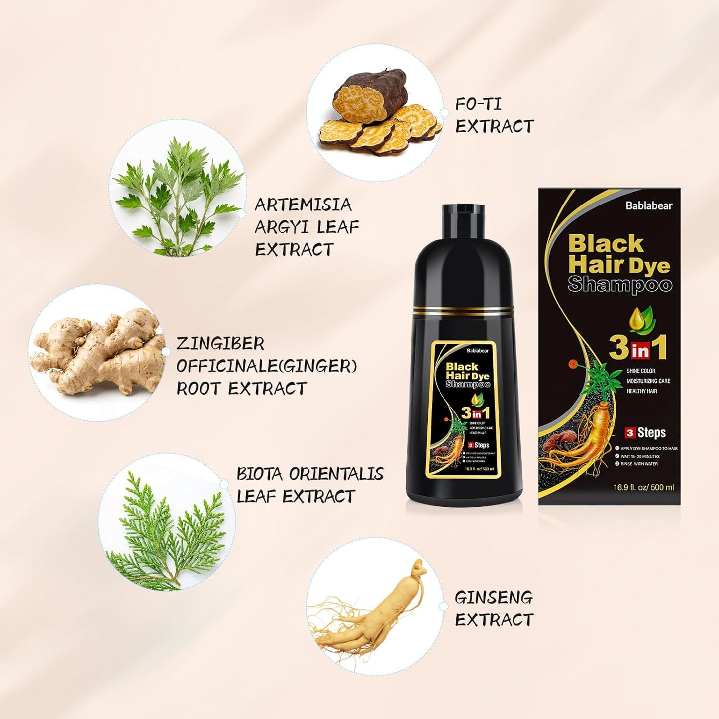 HotBablabear Black Hair Dye Shampoo for Gray Hair,Hair Color Shampoo for Women and Men, Grey Coverage.500ml