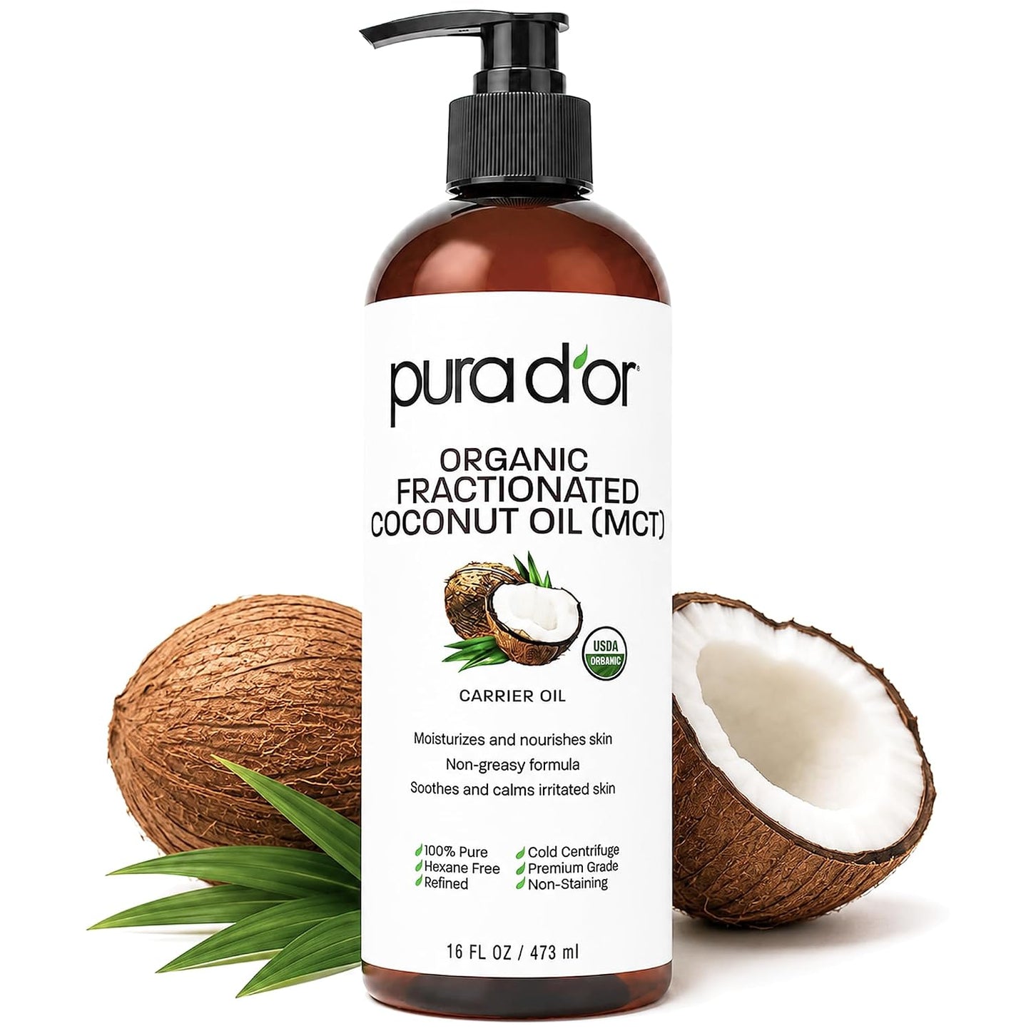 HotPURA D'OR ORGANIC Fractionated Coconut Oil MCT Oil (16 Oz) 100% Pure & Natural USDA Certified
