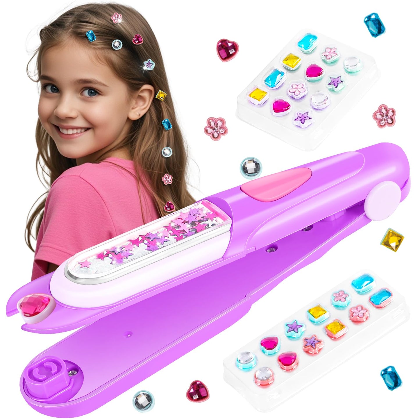 Hotkidzkube Hair Gem Stamper Kit, Bling Hair Jewels for Girls Toys, Hair Styling Tool with Reusable Shining Diamonds, Birthday Gifts Toys for Girls Ages 3 4 5 6 8-12