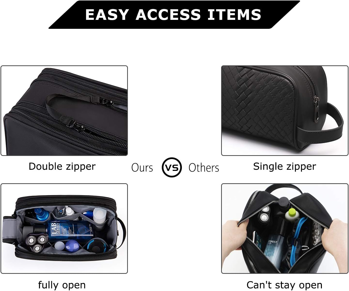 HotBAGSMART Toiletry Bag for Men, Travel Toiletry Organizer Dopp Kit Water-resistant Shaving Bag for Toiletries Accessories, Door Room Essentials, Black-medium