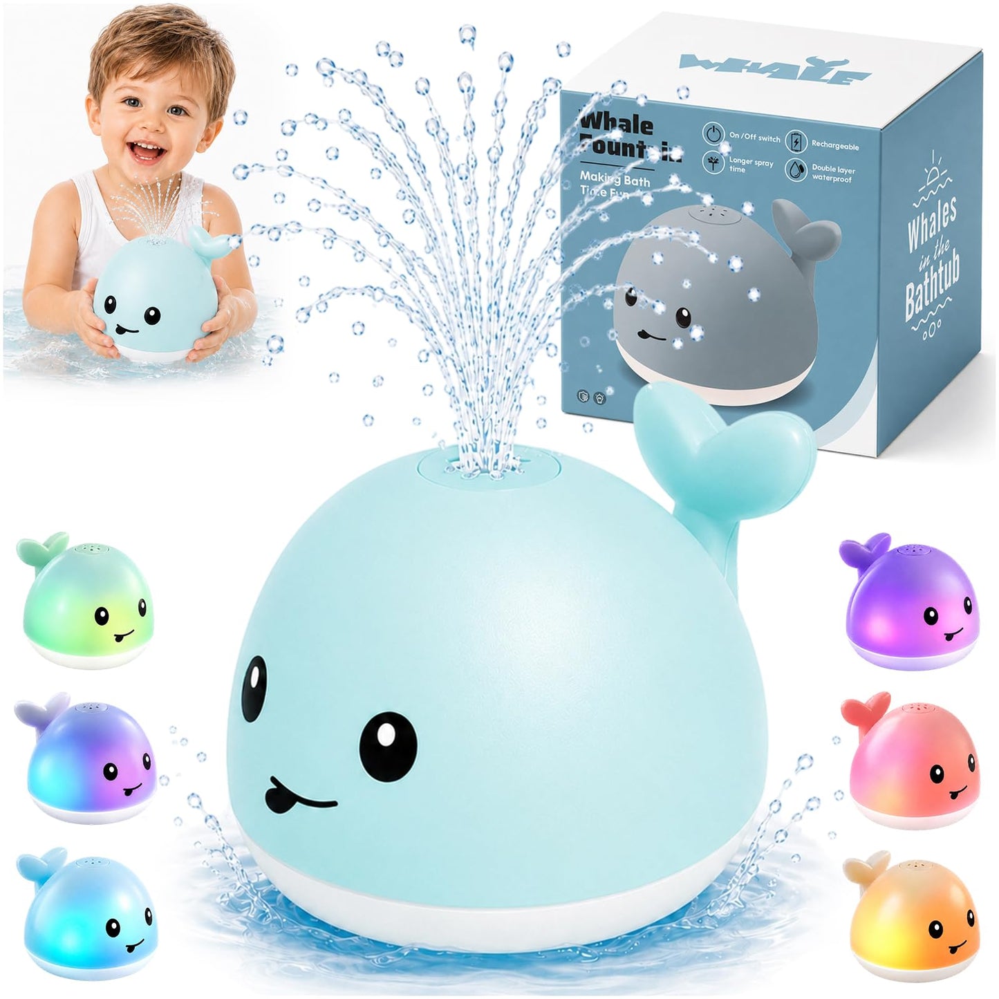 HotGigilli Bath Toys for Kids, Baby Bath Toys, Pool Water Toys for Toddlers, Babies Boy Girl Gifts, Light Up Whale Bath Toy Sprinkler, Birthday Bathtub Fountain Toy