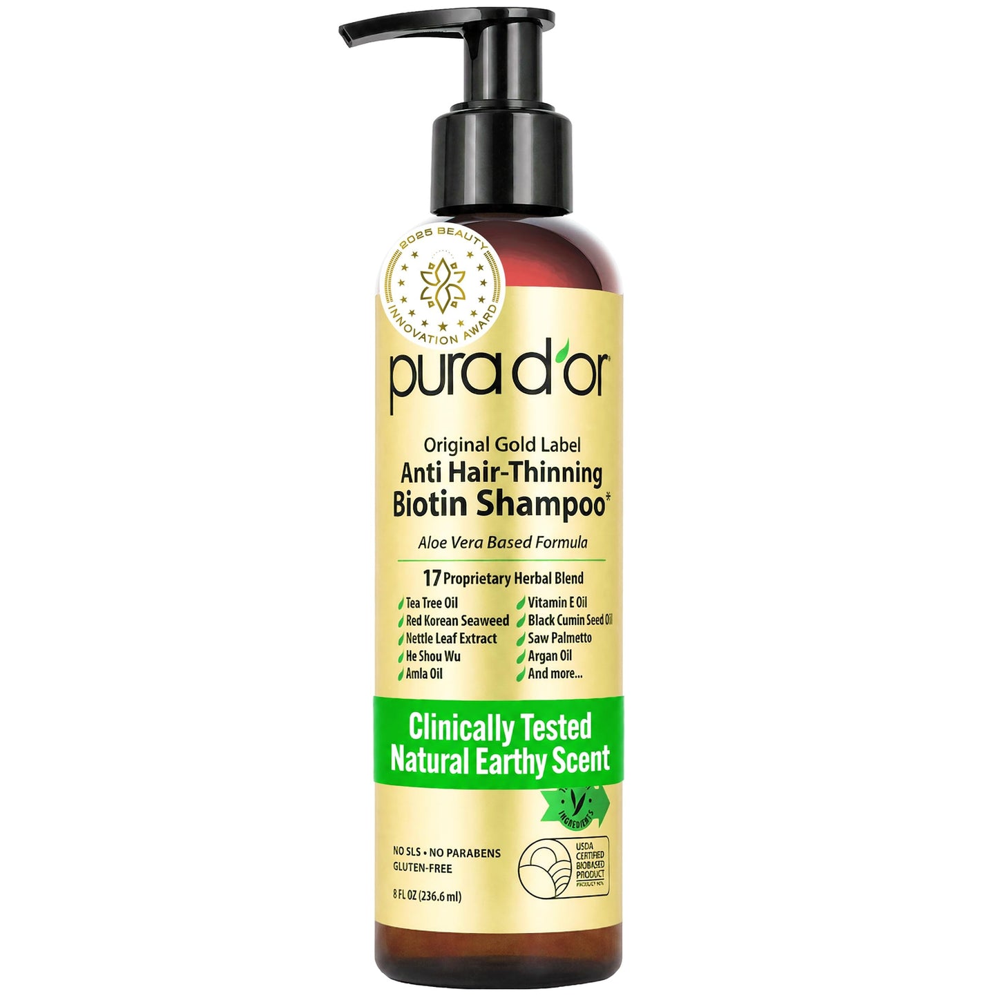 HotPURA D'OR Original Gold Label Anti-Thinning Shampoo - CLINICALLY TESTED - Biotin & Argan Oil – Sulfate-Free Strengthening & Volumizing for Fuller-Looking Hair, Men & Women, Natural Earthy Scent 16 oz