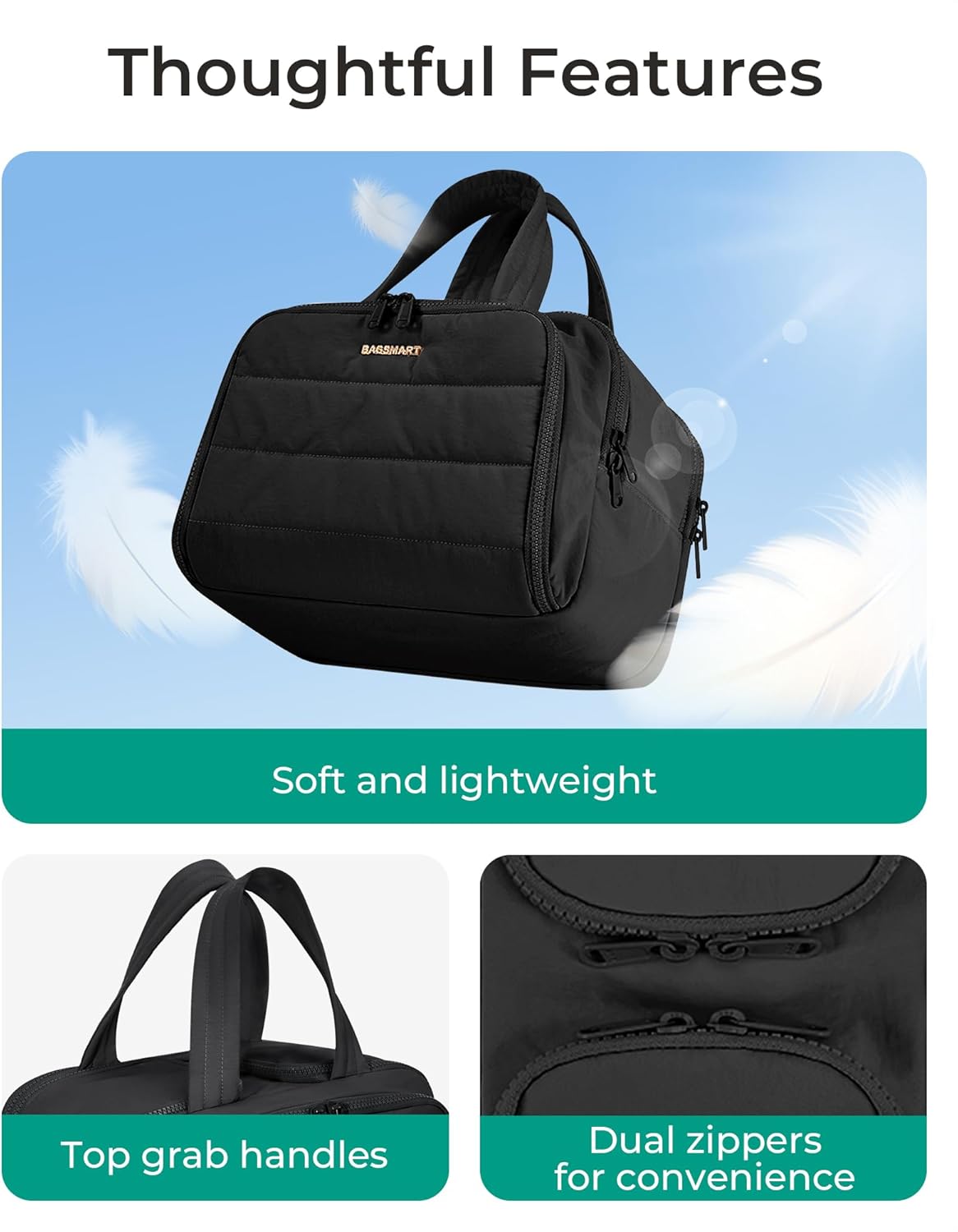 HotBAGSMART Travel Toiletry Bag, Lightweight Large Wide-open Travel Bag for Women, Puffy Cosmetic Makeup Bag Organizer with Handle for Accessories,Essentials, Toiletries, Black