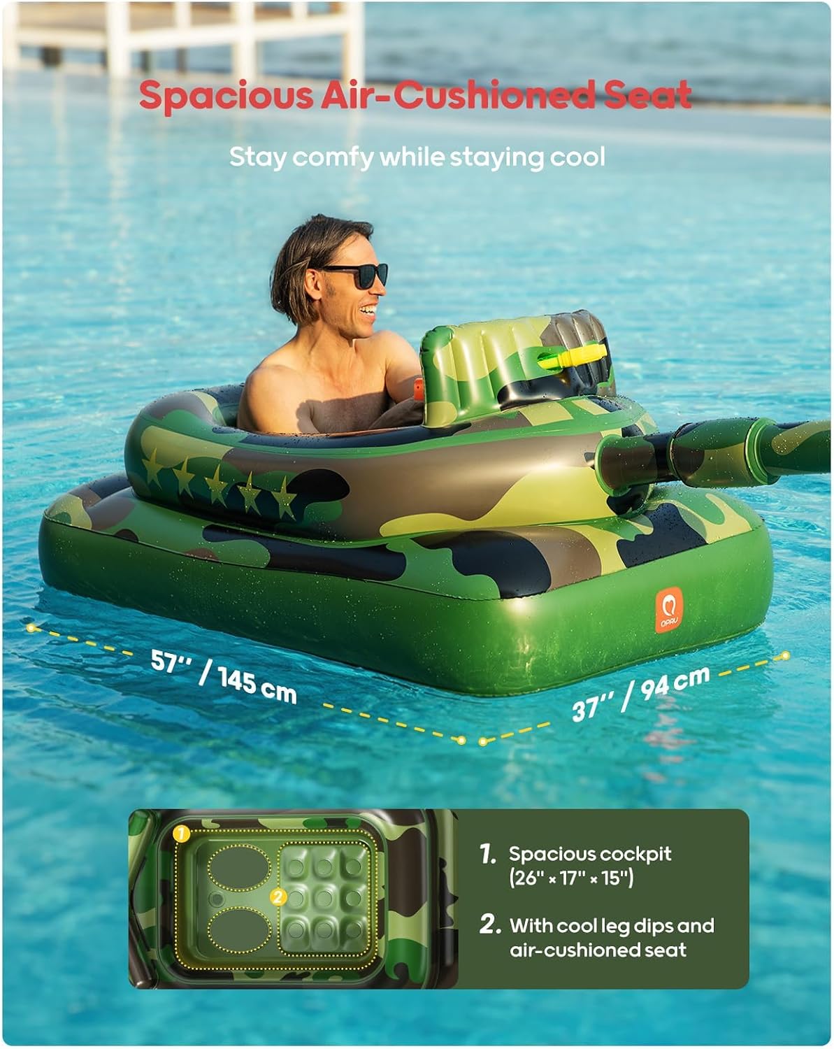 HotQPAU Inflatable Tank Pool Float for Adults & Kids – Ride-On Camouflage Floaty with Water Cannon, Swim Raft Toy for Boys Girls, Lake Beach Backyard Party Floaties