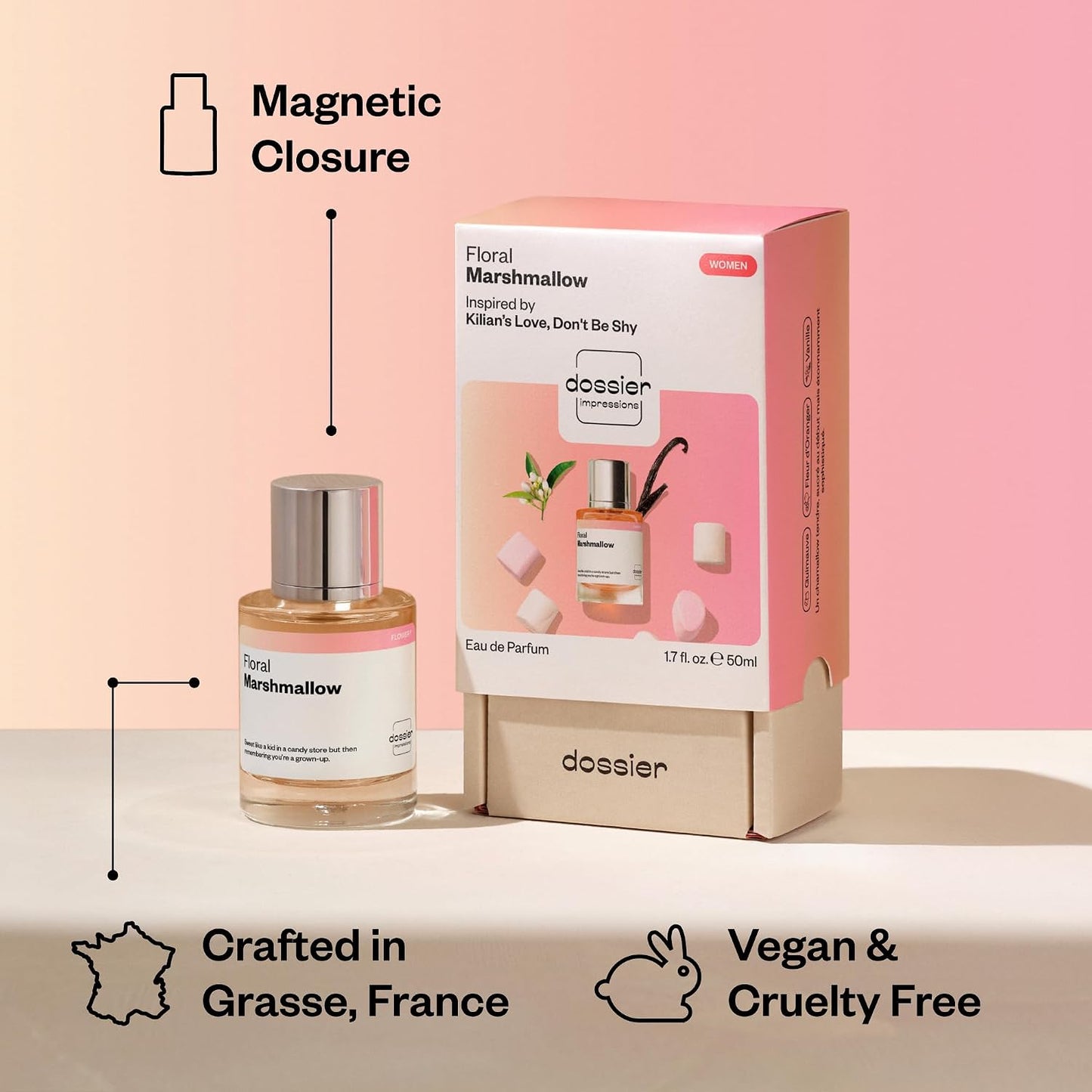Hot Dossier - Floral Marshmallow - Eau de Parfum - Inspired by Love, Don't Be Shy - Long-Lasting Fragrance - Feminine - 1.7 fl oz (50ml)
