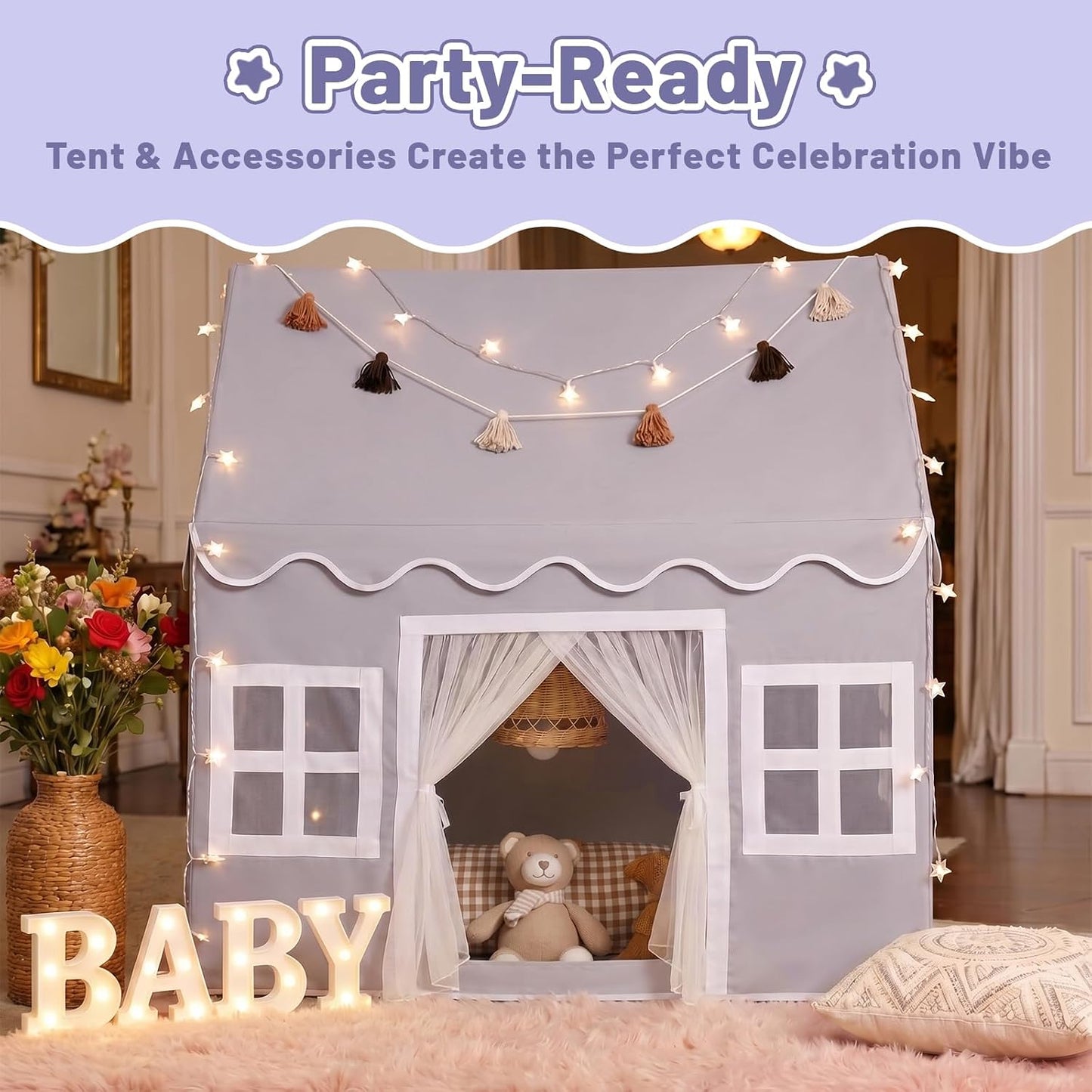HotKids Play Tent Indoor: with Mat, Tassel Garland - Large Gray Kids Tent Indoor Playhouse for Kids Toys for Boy Girl Birthday Gift