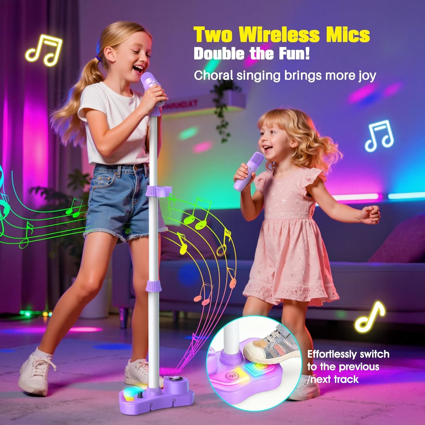Hot Stand Karaoke Machine for Kids, Singing Toys Gifts for 3 4 5 6 7 8 Year Old Girls Boys, Rechargeable Kid Microphone Bluetooth Speaker with 2 Wireless Mic for Girl Age 4-6 Toddler Birthday Party Toy