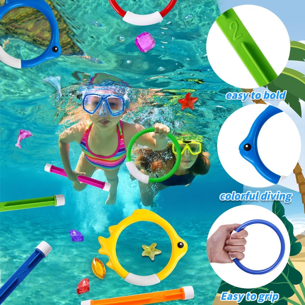 HotYUJUN 18PCS Pool Diving Swimming Toys, Summer Underwater Game Toys with Pool Fishes Dive Sticks Rings Gems Storage Bag for Kids Swim Birthday Party Favors