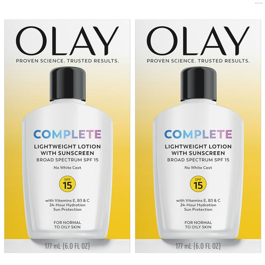 Hot Olay Face Moisturizer, Complete with Sunscreen SPF 15, Daily Facial Lotion for Normal Skin, Lightweight Hydrating Broad Spectrum Sun Protection - Vitamin C, E, and Niacinamide - 6 Oz 2 Pack