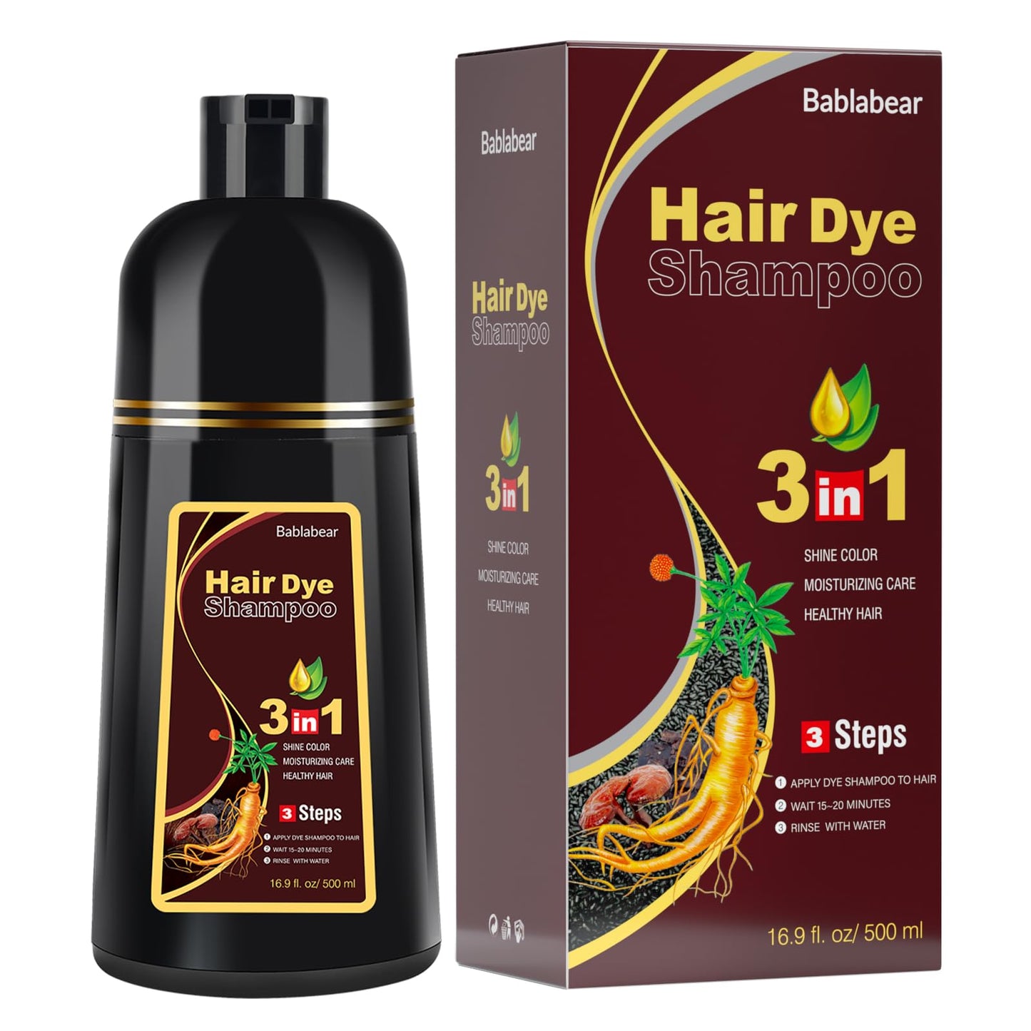HotBablabear Black Hair Dye Shampoo for Gray Hair,Hair Color Shampoo for Women and Men, Grey Coverage.500ml