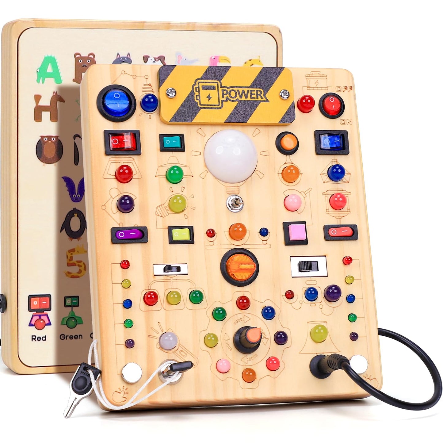 HotBusy Board with LED Light Switches, Montessori Toys for 1 2 3 Years Old, Toddlers Wooden Toy Sensory Activity Board, Travel Toys for 1+ Year Old Boy & Girl Birthday Gift
