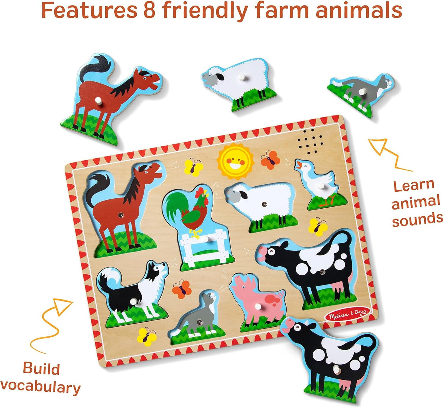 HotMelissa & Doug Farm Animals Sound Puzzle – 8-Piece Wooden Peg Puzzle with Light-Activated Sounds, Music Learning Toy for Toddlers and Preschoolers Ages 2+
