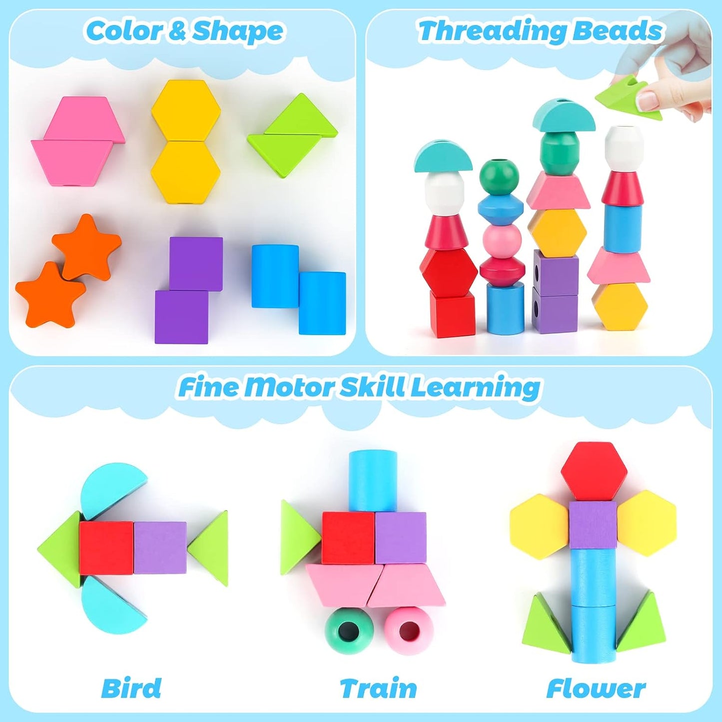 Hot Montessori Wooden Beads Sequencing Toy Set, Stacking Blocks & Lacing Beads & Matching Shape Stacker, Montessori Toys for 3 4 5 Year Old STEM Preschool Learning Toys Gifts for Kids Boy Girl Toddler