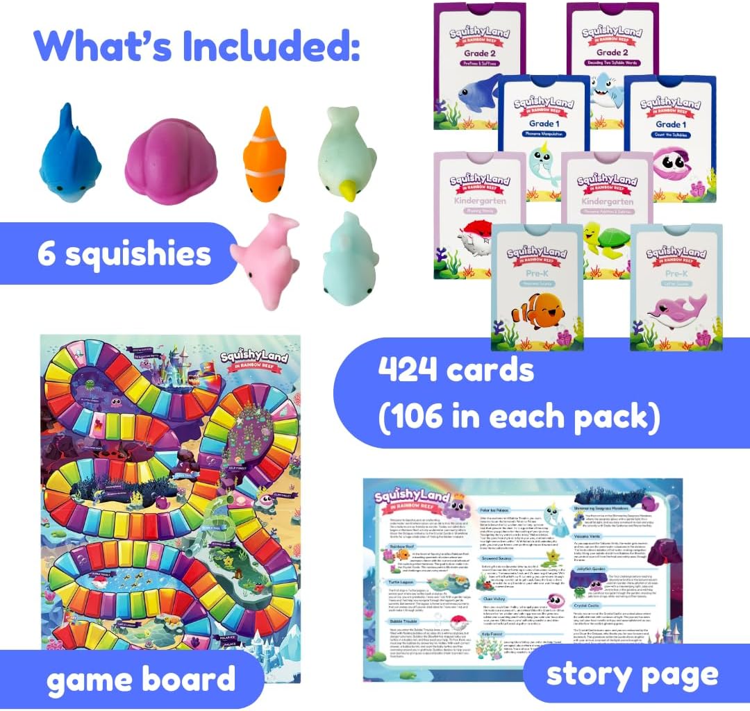 HotThe Fidget Game SquishyLand in Rainbow Reef - Educational & Phonics Kindergarten Learning Activities for Children in Pre-K to 2nd Grade - Mochi Squishy Toys Set with Board Game (2-6 Players)