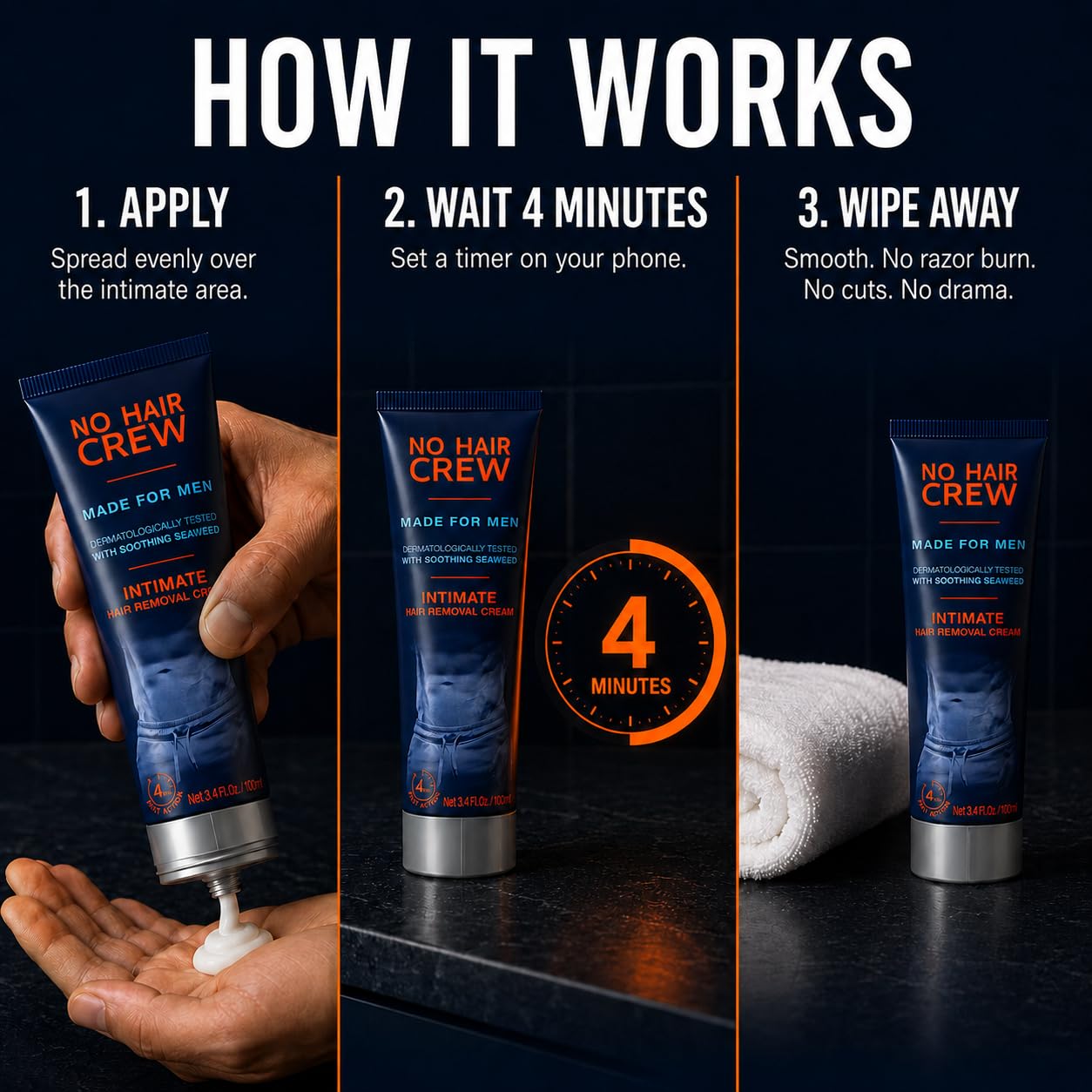 HotNo Hair Crew Intimate/Private At Home Hair Removal Cream for Men - Painless, Flawless, Soothing Depilatory for Unwanted Coarse Male Body Hair, 100ml