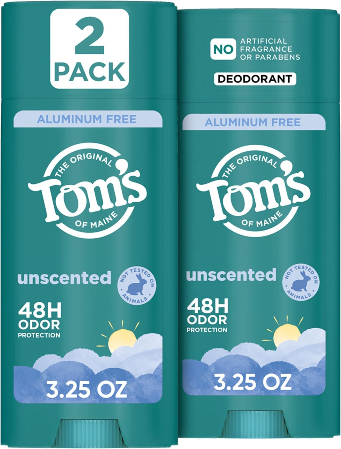 HotTom’s of Maine Unscented Natural Deodorant, Aluminum Free, Clear Application, Odor & Wetness Protection, Naturally Derived Ingredients, 3.25 oz (2 Pack)