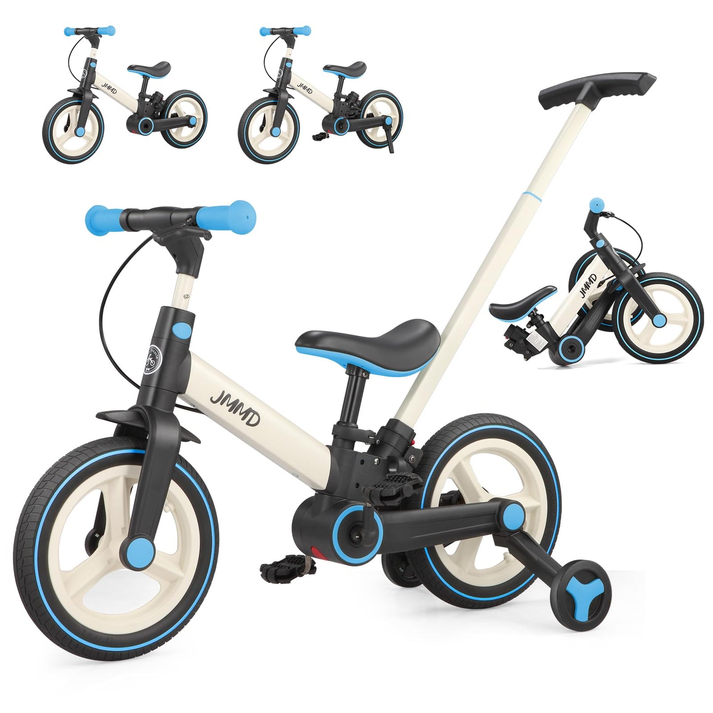 Hot JMMD 6 in 1 Toddler Bike with Push Handle for Kids 18-60 Months, 12" Foldable Balance Bike with Training Wheels, Pedals, Brakes, Kickstand, Push Tricycle Toddler Gift & Toys for Boy & Girl