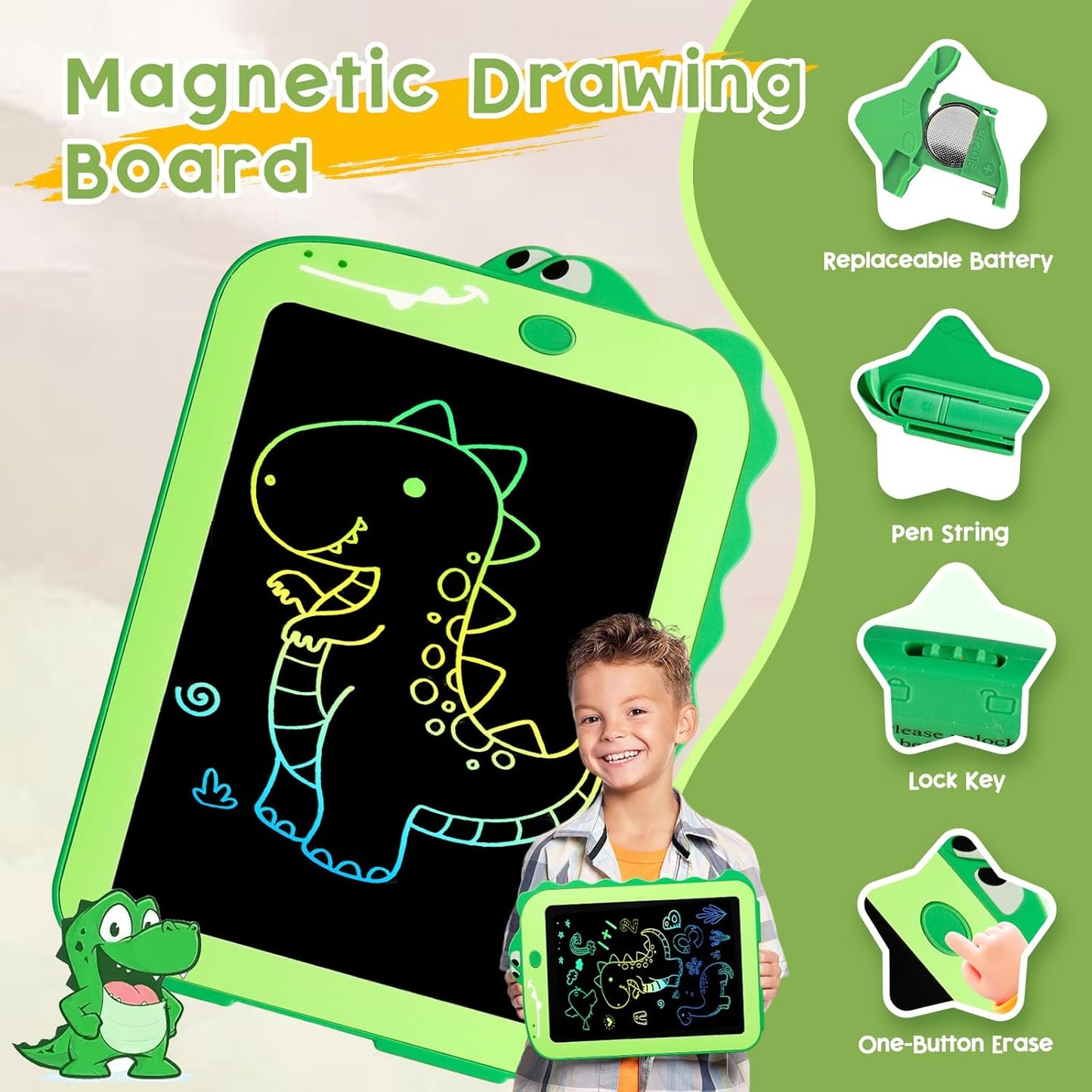 HotTeriph LCD Writing Tablet for Kids, Colorful Toddlers Toys Drawing Board, Educational Kid Toys, Doodle Pad Dinosaur Toy for 3 4 5 6 7 8 Year Old Boys Girls Birthday Party Xmas,8.5inch & Green