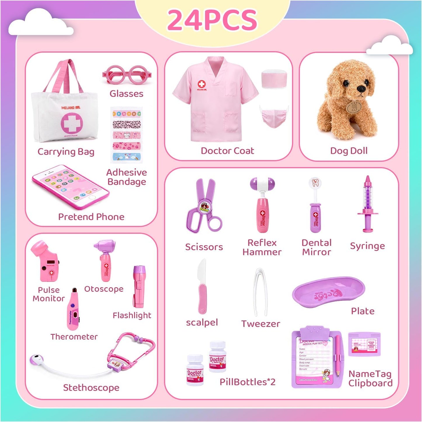 HotMeland Toy Doctor Kit for Girls, Pretend Play Toy Doctor Set with Dog , Carrying Bag, Stethoscope & Dress Up Costume Gift for Kids Toddlers Ages 3 4 5 6 Year Old for Role Play