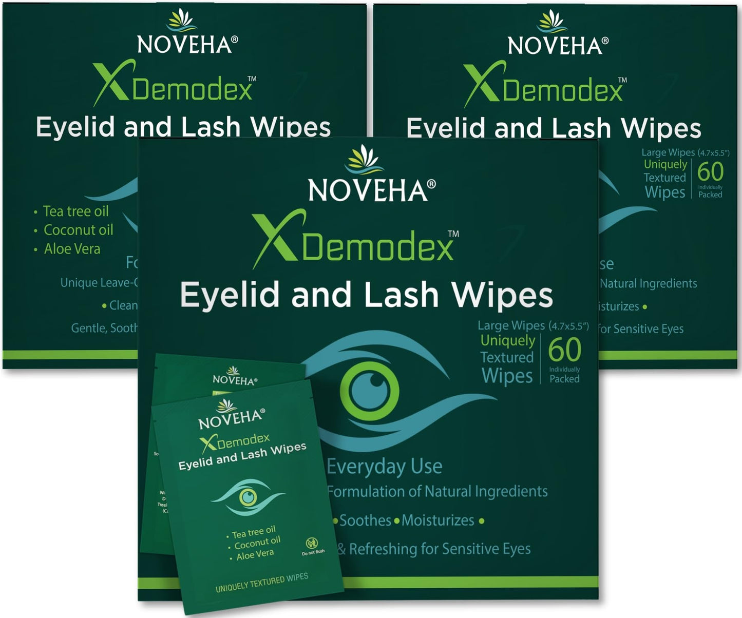 HotNOVEHA Demodex Eyelid & Lash Wipes | Box Of 60 Individually Wrapped Extra Strength Cleansing Eyelash Wipes - Battle Itchy & Irritated Eyes associated with Demodex Mites, Naturally Remove debris