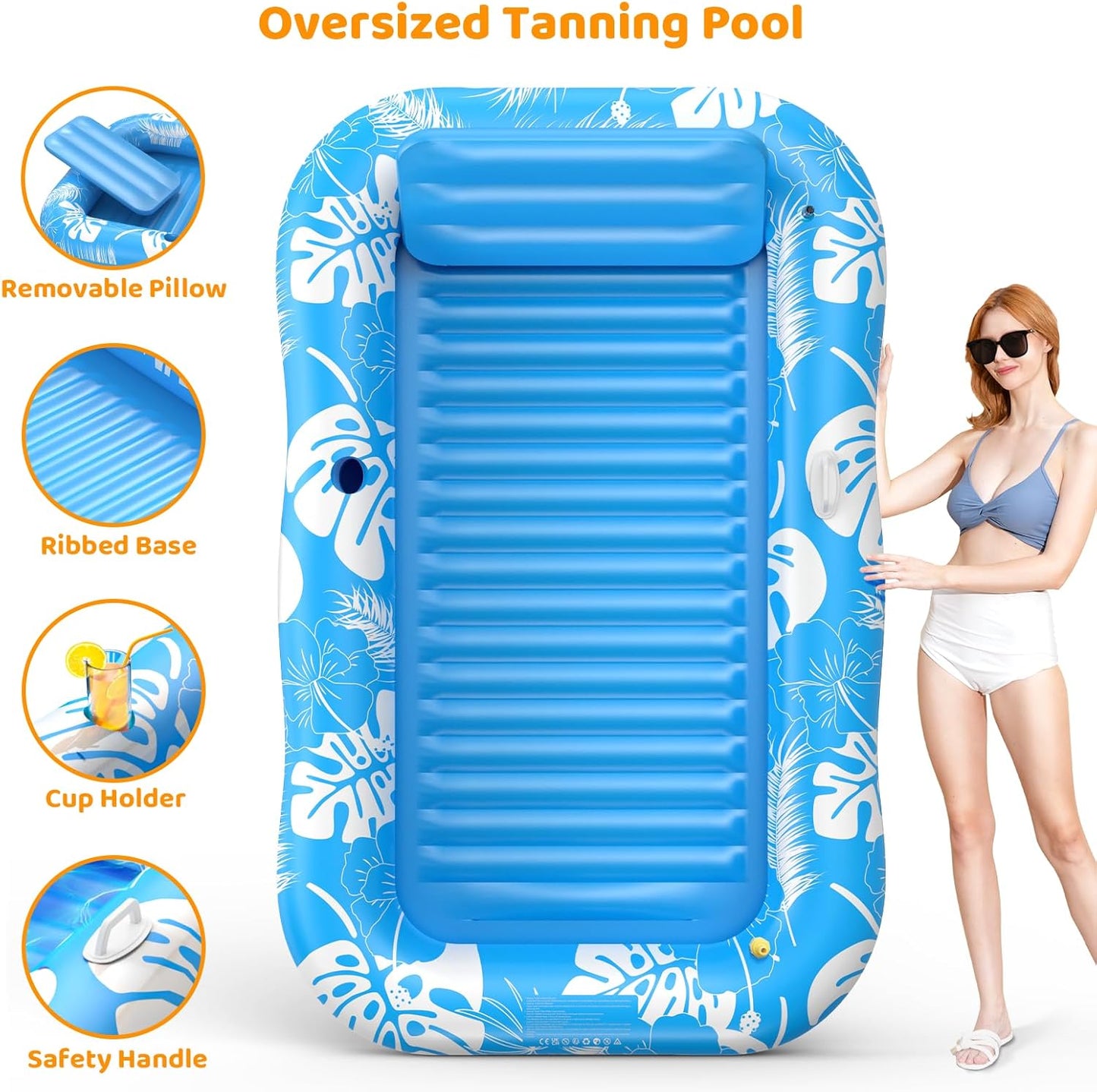 HotInflatable Tanning Pool Lounger Float with Sprinkler, 77" x 48" Pool Floats Adult with Pillow, 6 in 1 Suntan Tub Raft Floatie with Drink Holder Sunbathing Water Lounge