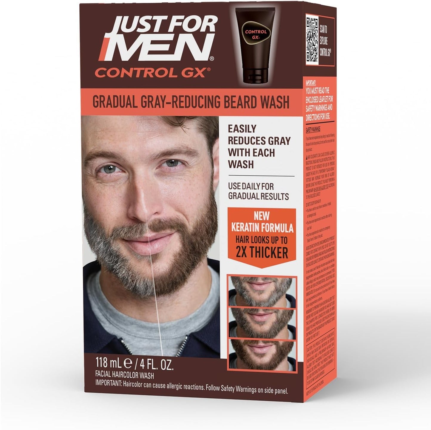 HotJust for Men Control GX Grey Reducing Beard Wash Shampoo with Keratin, Gradually Colors Mustache and Beard, Leaves Facial Hair Thicker Softer and Fuller, 4 Fl Oz - Pack of 1