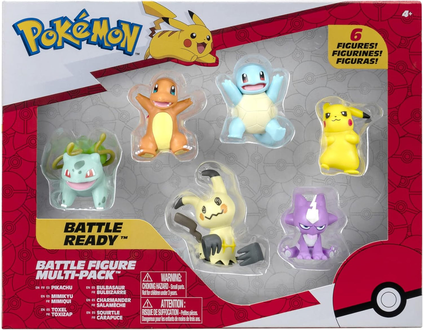 Hot Pokémon Battle Figure 6 Pack-Features 2-Inch Pikachu, Squirtle, Charmander, Bulbasaur, Mimikyu & Toxel-Authentic Details
