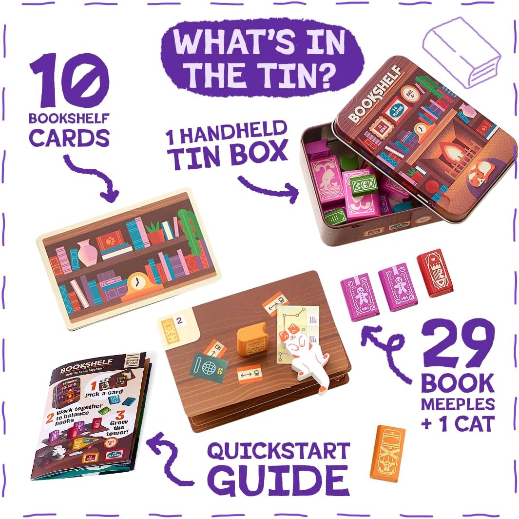 Hot Bookshelf by Alley Cat Games | Ages 8+ | 2-4 Players | Cooperative Stacking Game | Skill & Balance Card and Book Tower Game in Travel Tin | Cooperative Tabletop Challenge